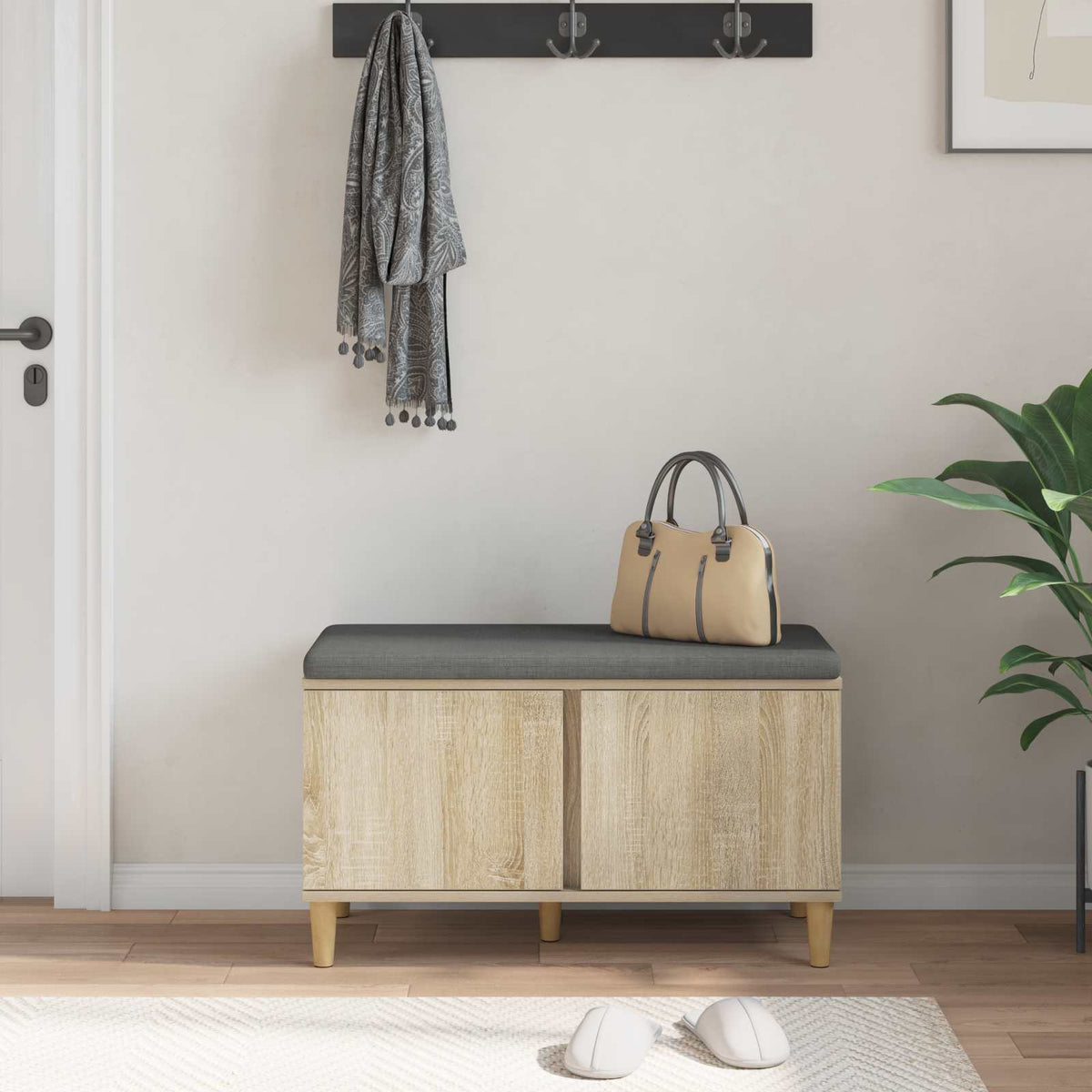 Hallbænk med dør Sonoma eg 80 x 38 x 46 cm Kunstigt træ og stof
