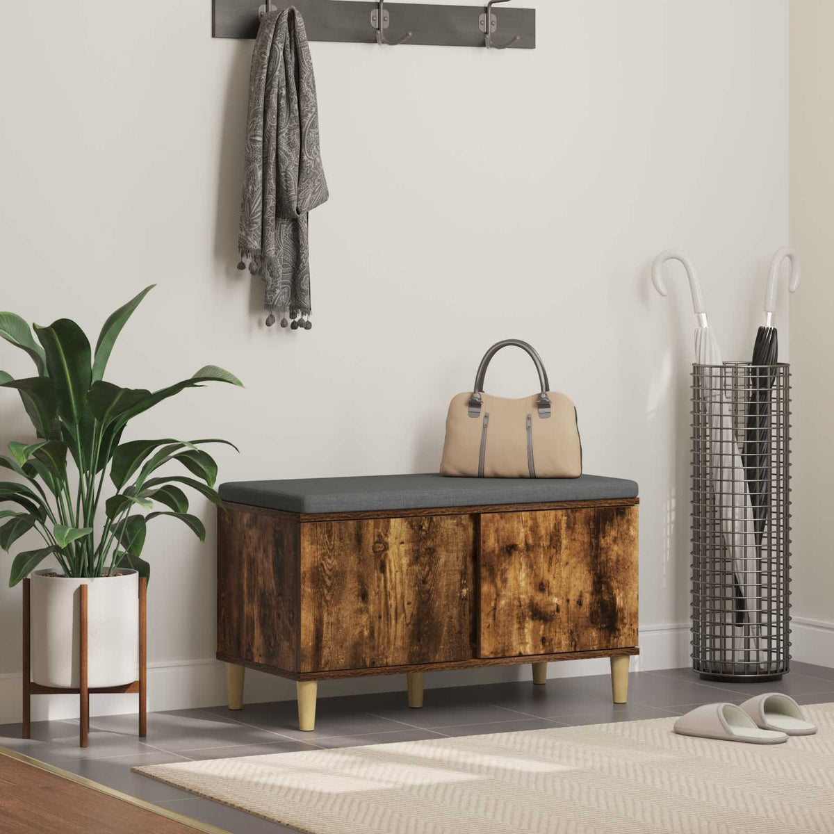 Hallbænk med pude Røget Eg 80 x 38 x 46 cm Kunstigt træ og stof