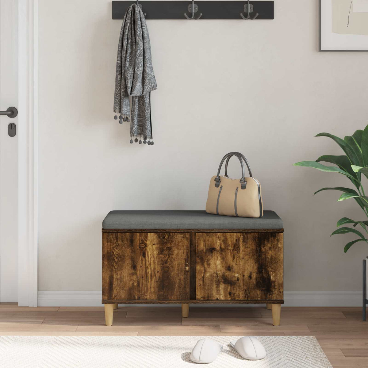 Hallbænk med pude Røget Eg 80 x 38 x 46 cm Kunstigt træ og stof