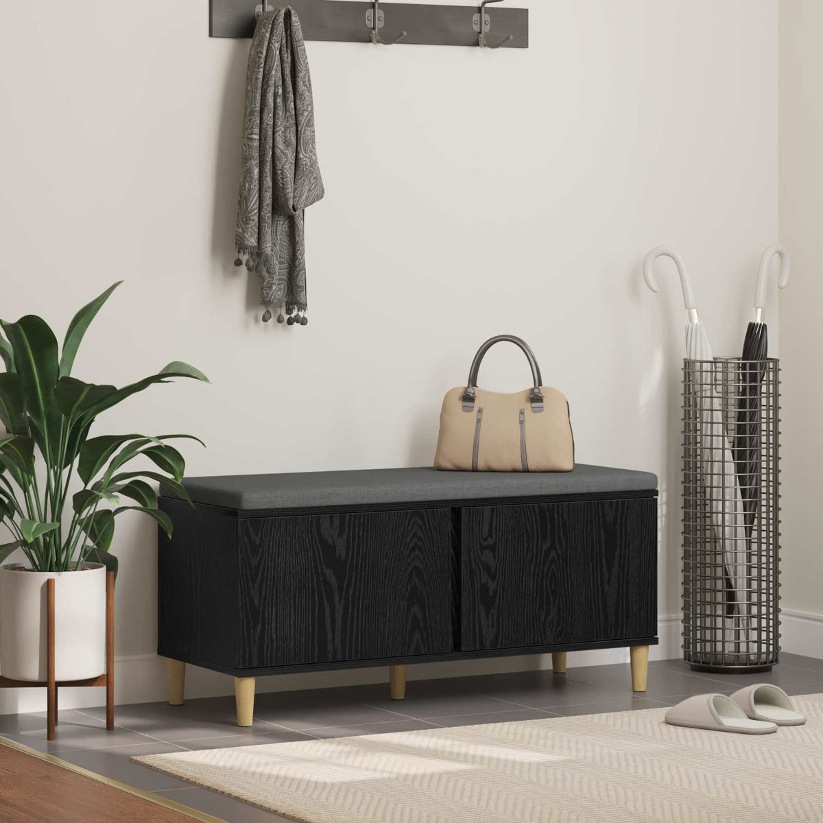 Hallbænk med pude Sort Eg 100 x 38 x 46 cm Kunstigt træ og stof