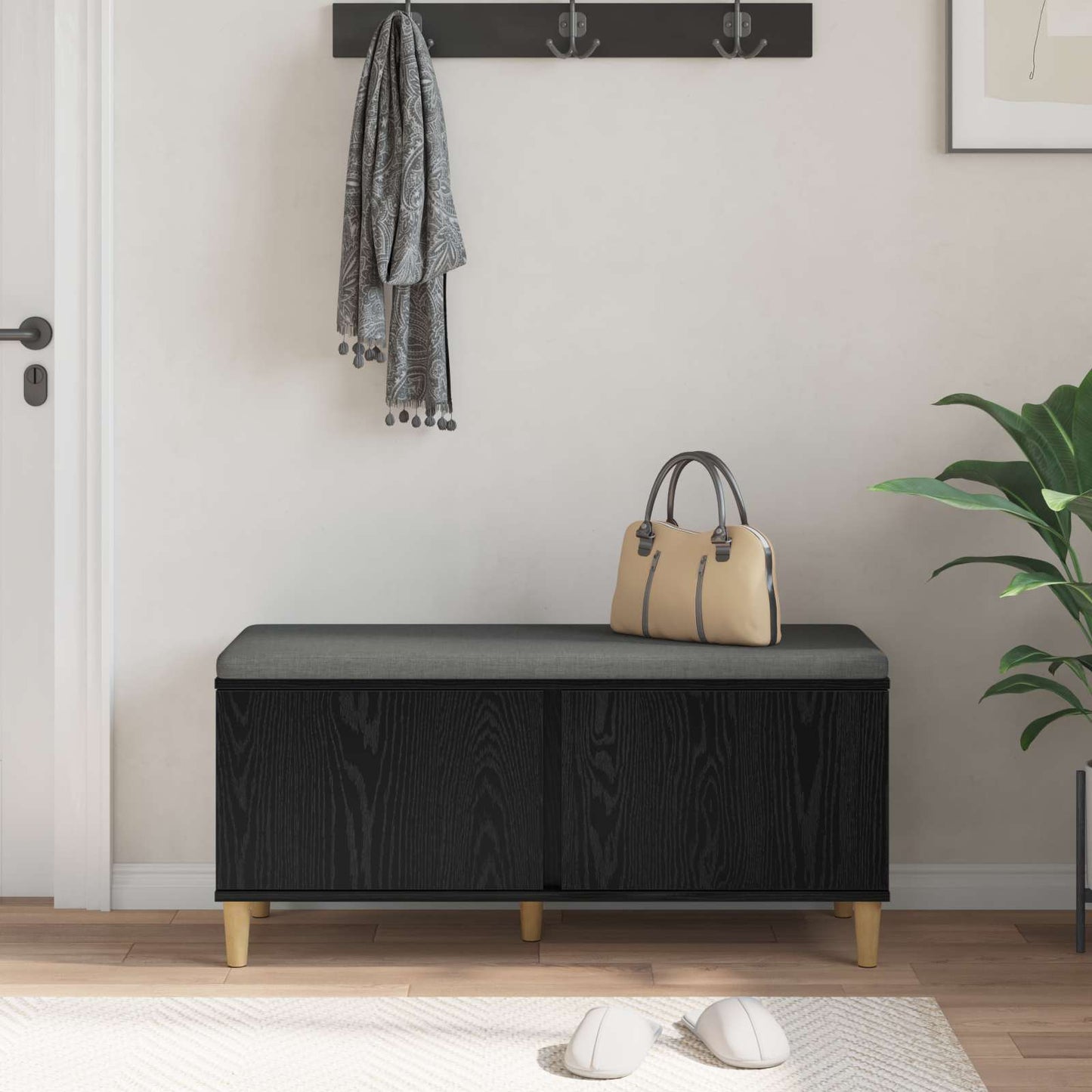 Hallbænk med pude Sort Eg 100 x 38 x 46 cm Kunstigt træ og stof