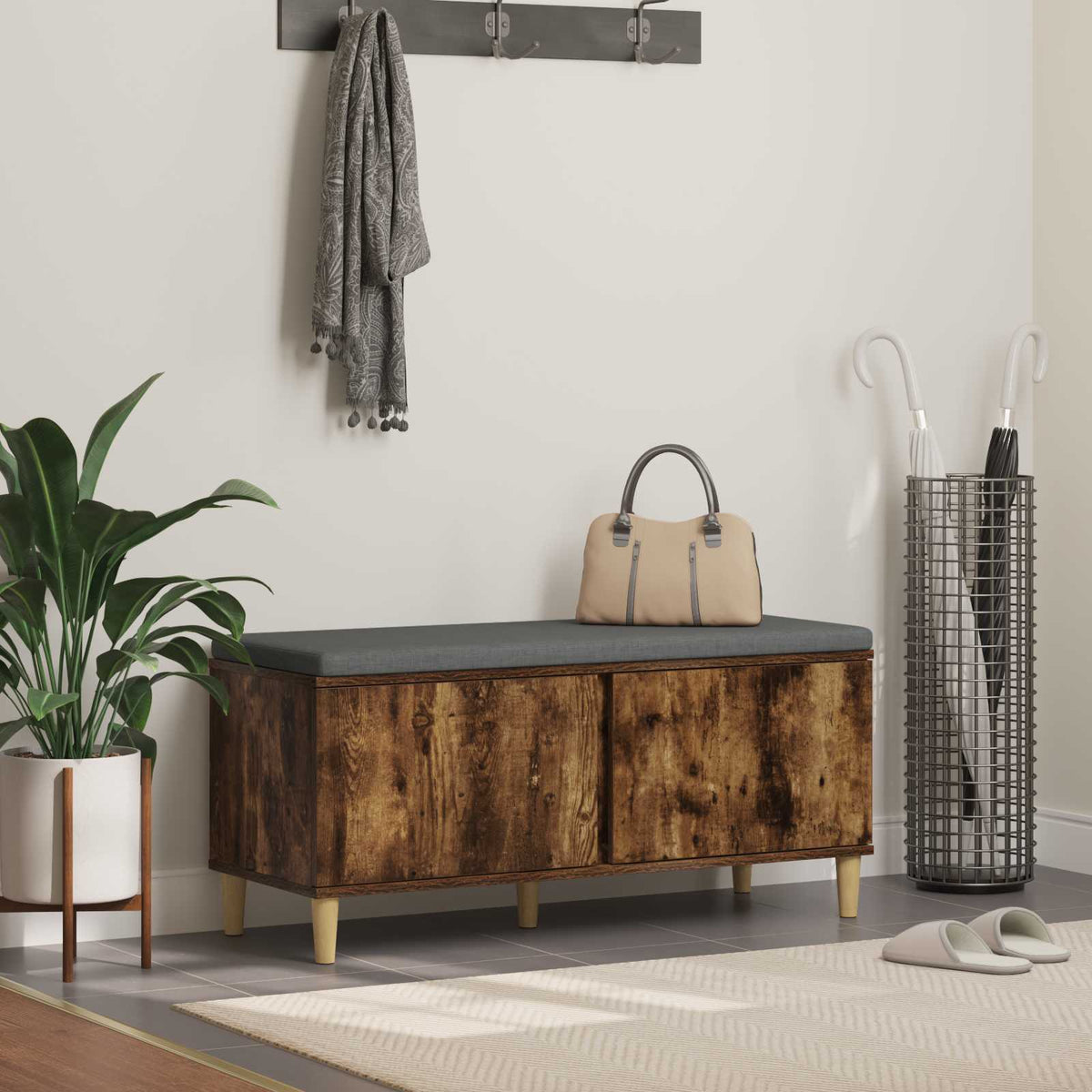 Hallbænk med dør Røget Eg 100 x 38 x 46 cm Kunstigt træ og stof