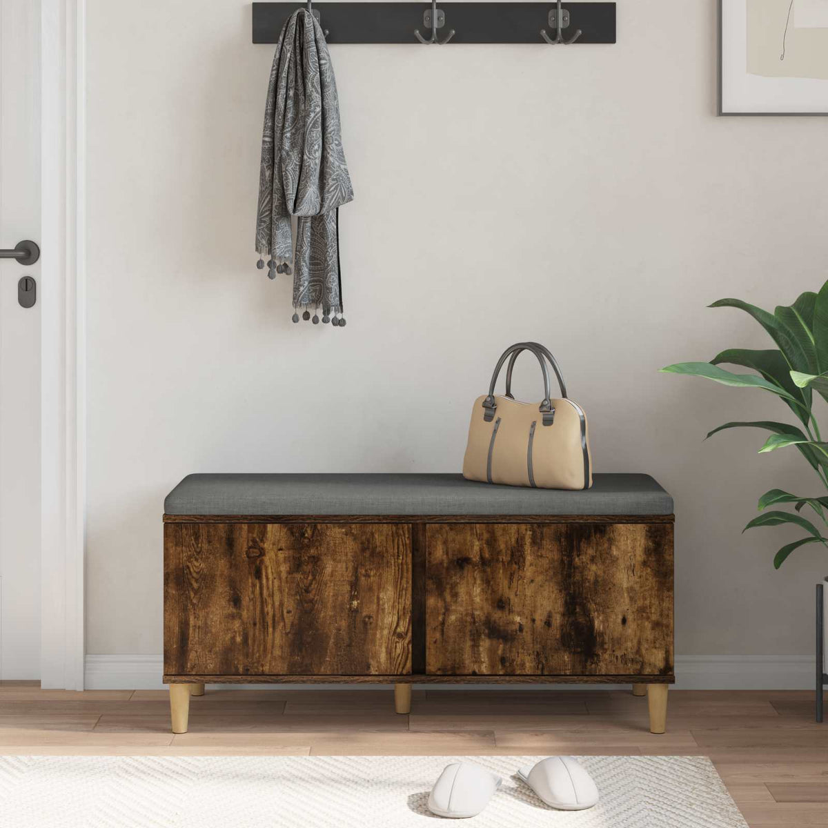 Hallbænk med dør Røget Eg 100 x 38 x 46 cm Kunstigt træ og stof