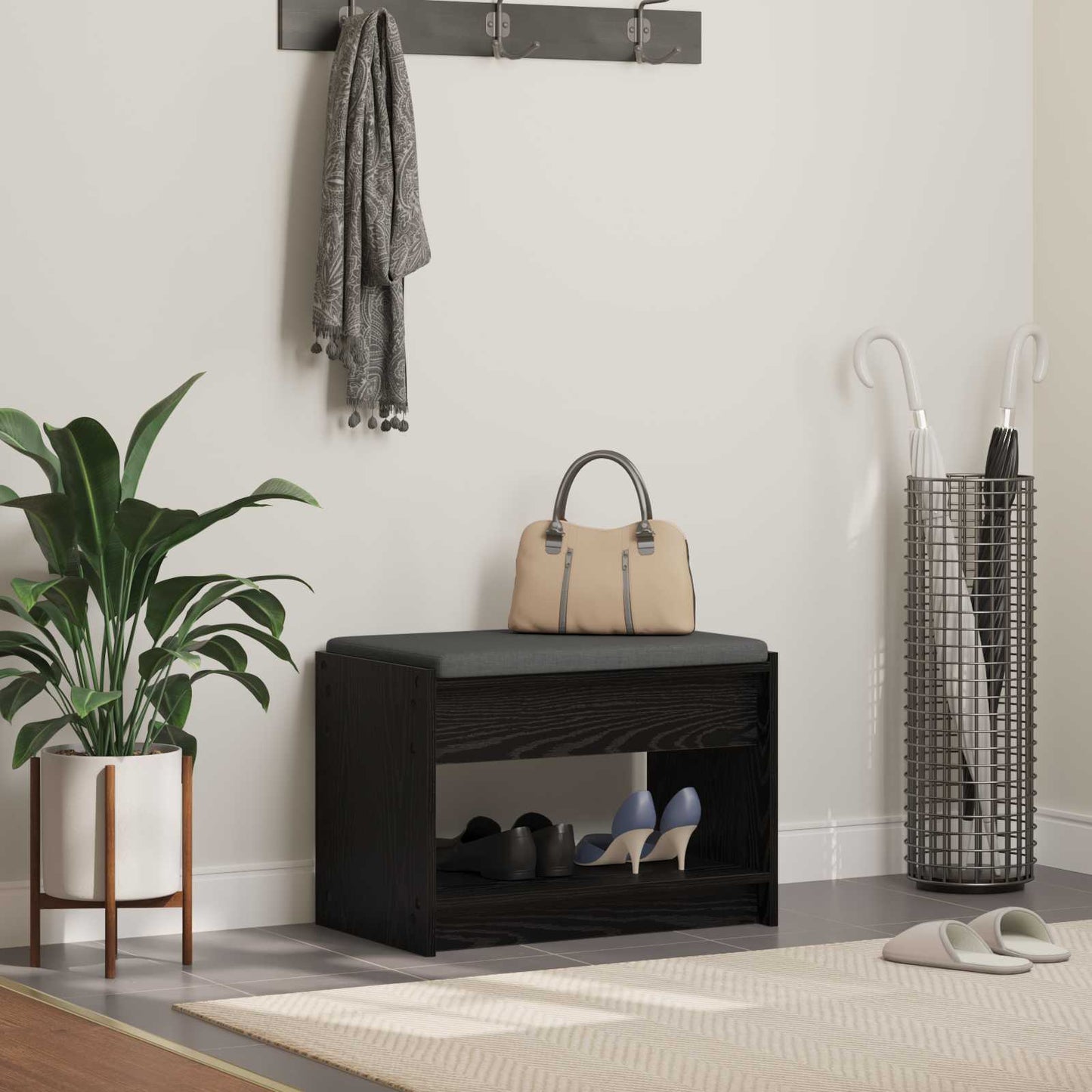 Hallbænk Sort Eg 63 x 38 x 45 cm Kunstigt træ og stof