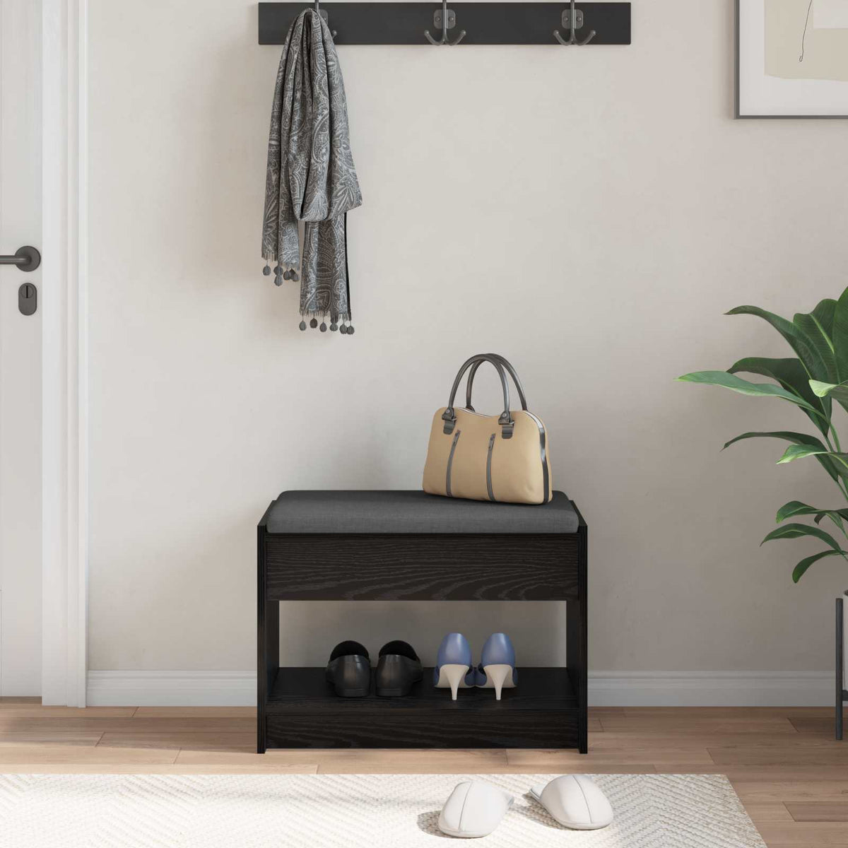 Hallbænk Sort Eg 63 x 38 x 45 cm Kunstigt træ og stof