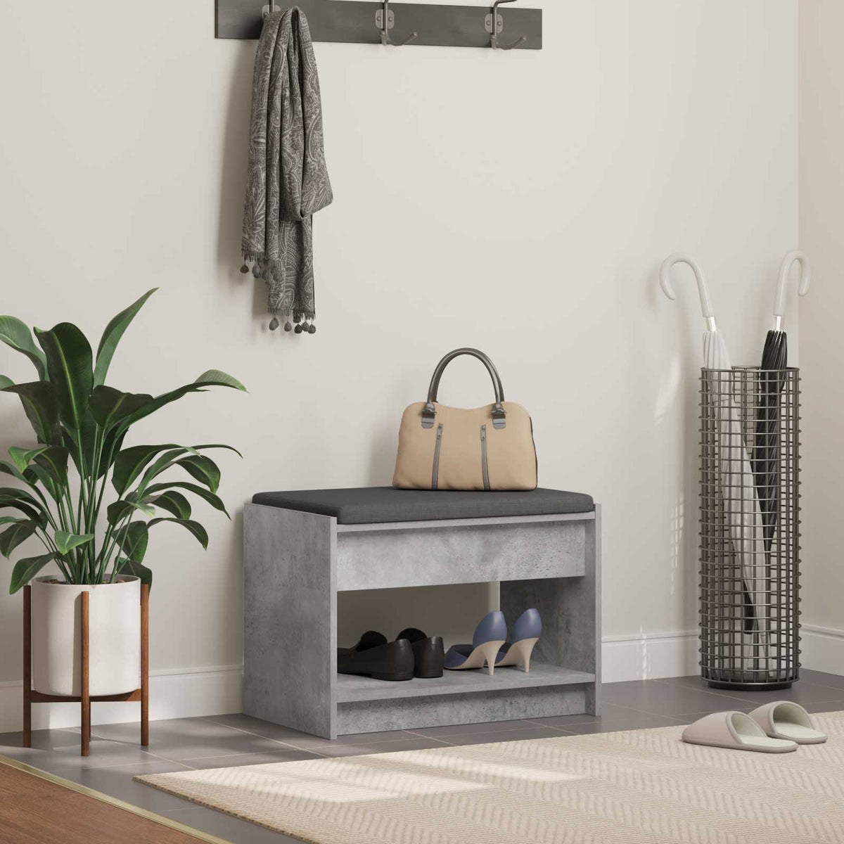 Hallbænk BetonGrå 63 x 38 x 45 cm Kunstigt træ og stof