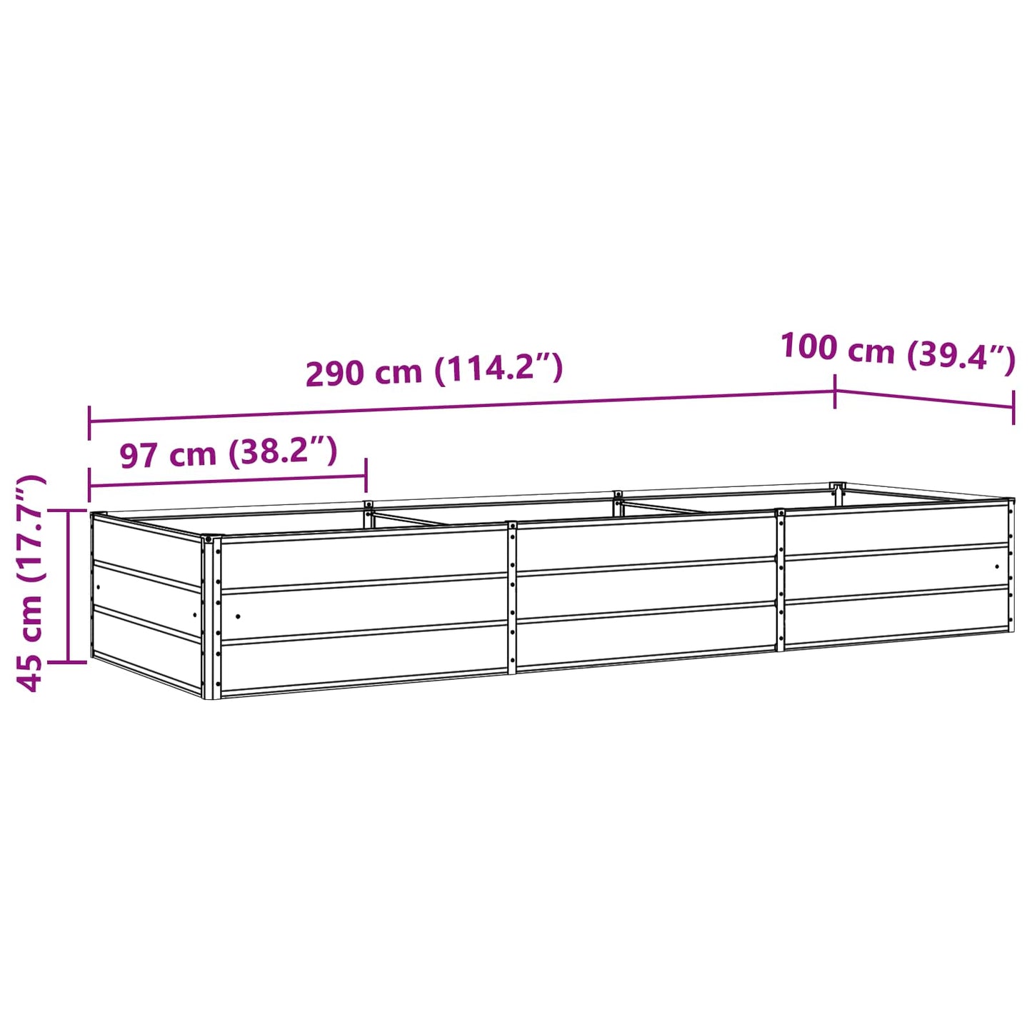 Plantekasse Lysegrå 290 x 100 x 45 cm Galvaniseret stål