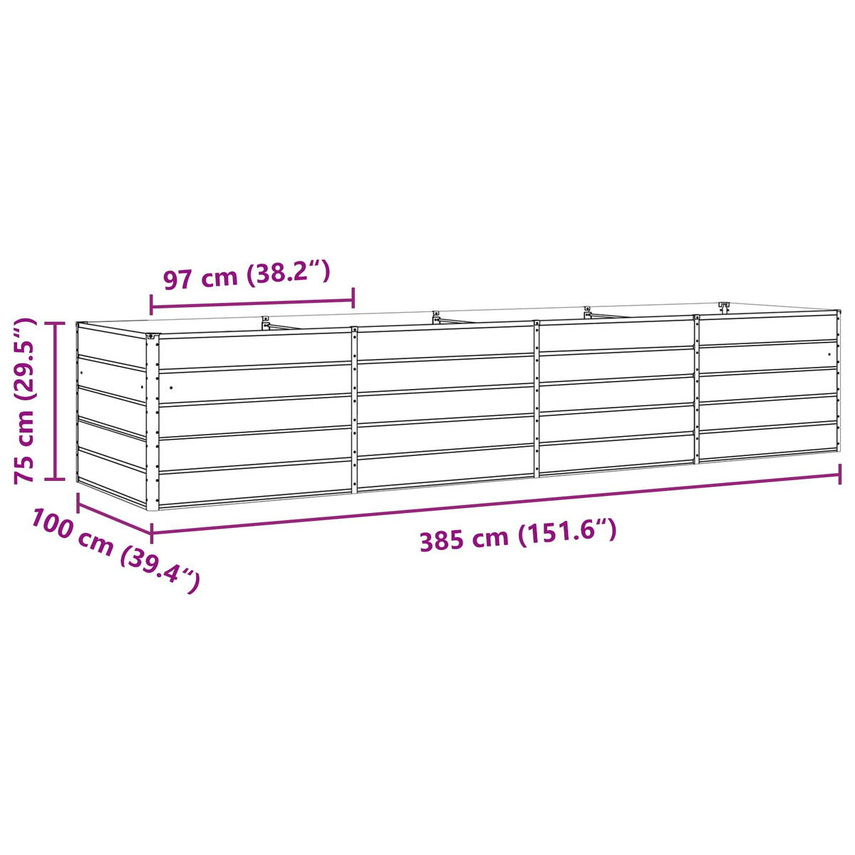 Plantekasse Antracit 385 x 100 x 75 cm Galvaniseret stål