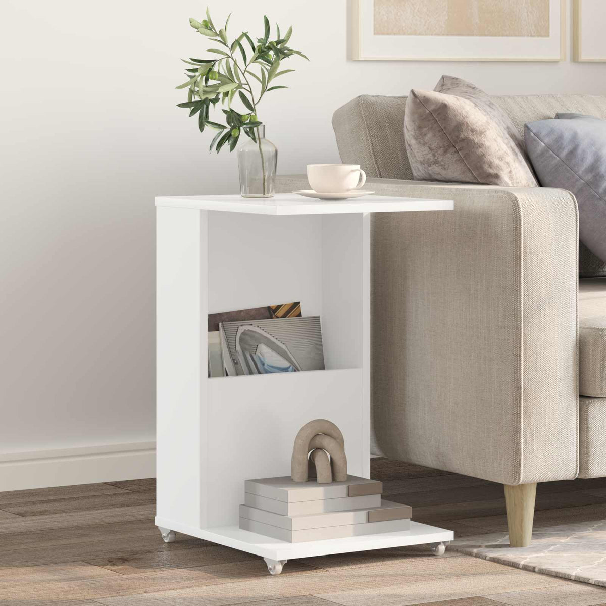 Sidebord med hjul Hvid 40 x 35 x 60 cm Konstrueret træ