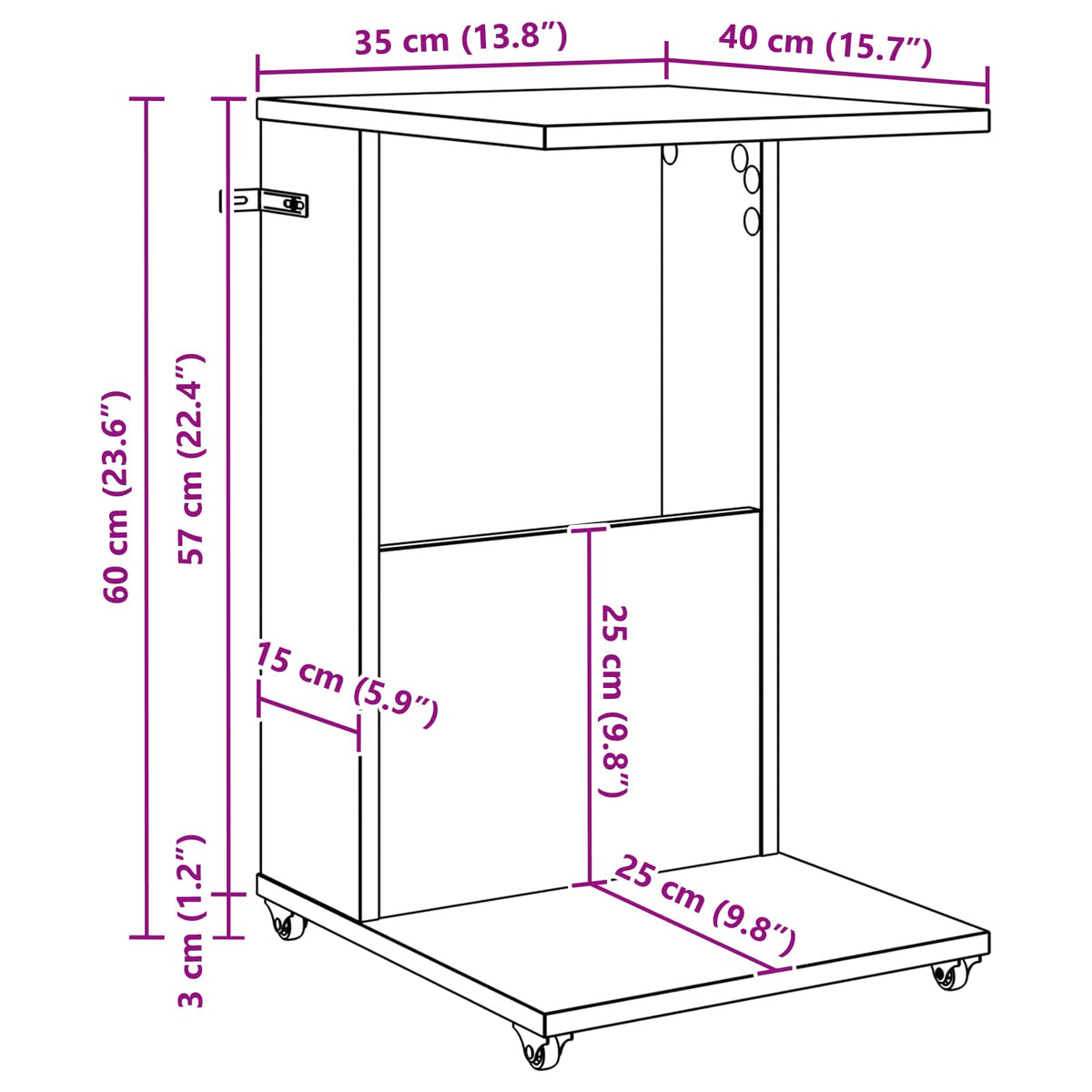 Sidebord med hjul Hvid 40 x 35 x 60 cm Konstrueret træ