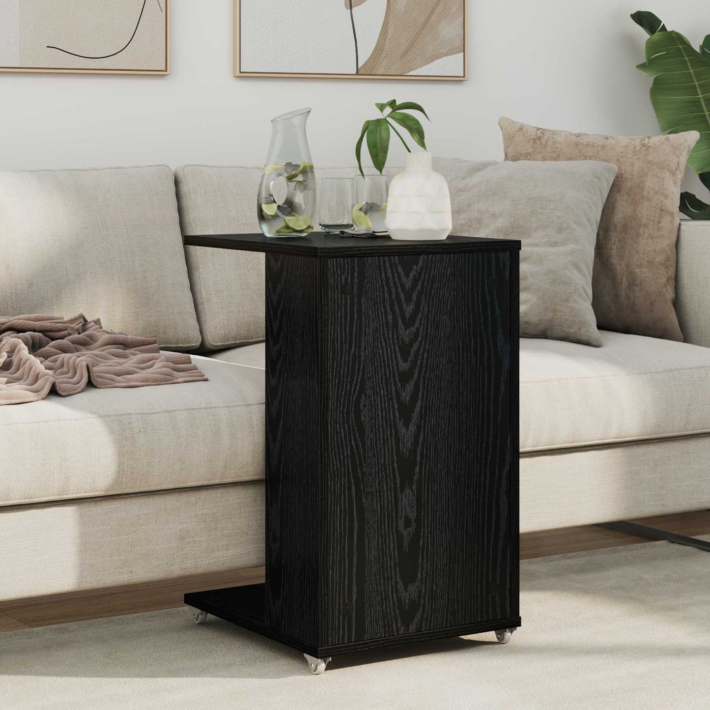 Sidebord med hjul Sort eg 40 x 35 x 60 cm Konstrueret træ