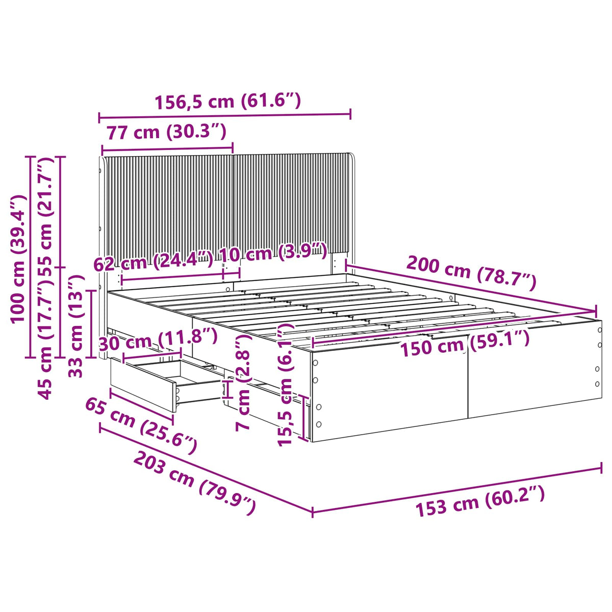 Sengestel med opbevaring og hovedgærde Hvid 150 x 200 cm