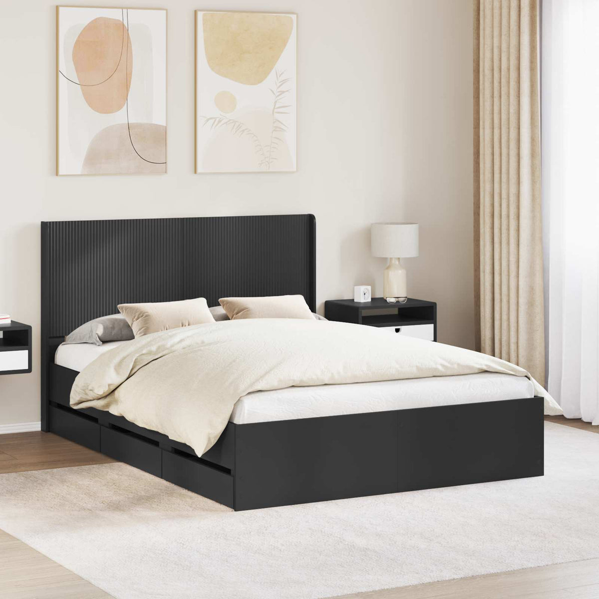 Sengestel med opbevaring og hovedgærde Sort 140 x 190 cm