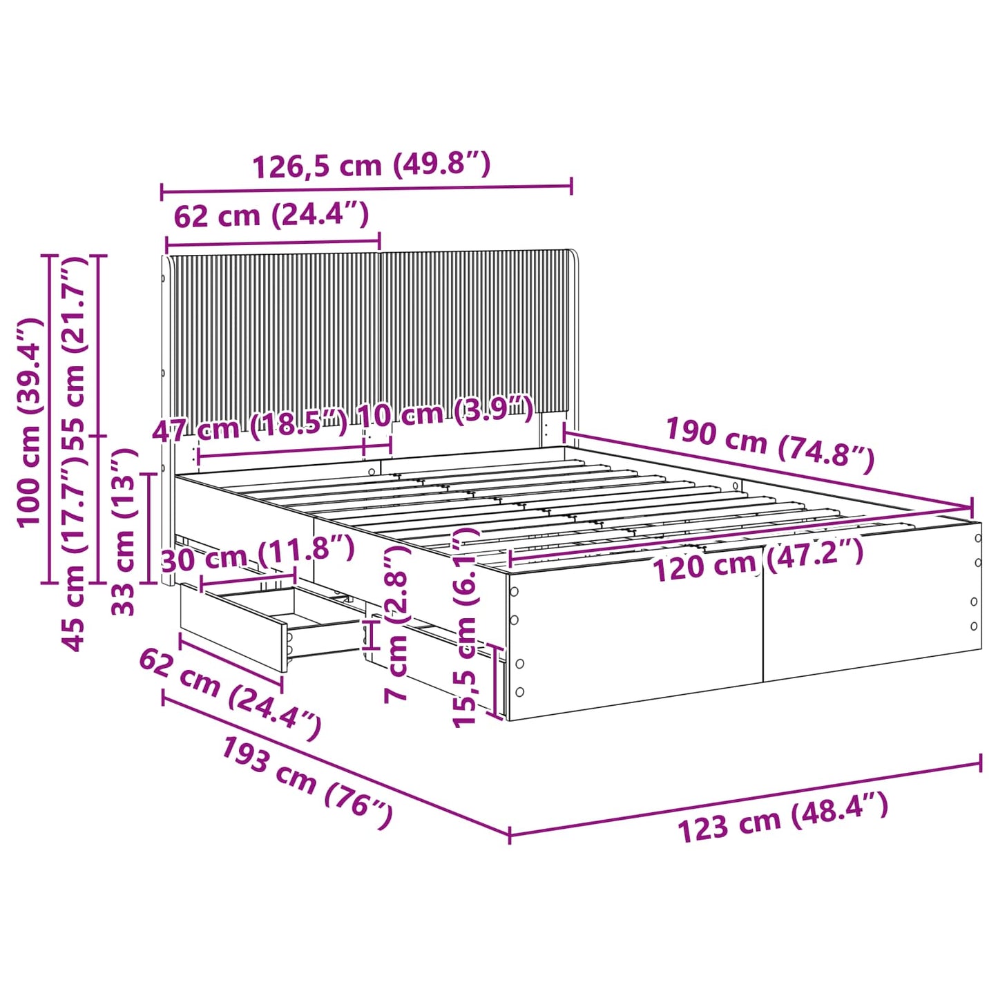 Sengestel med opbevaring og hovedgærde Sonoma-eg 120 x 190 cm