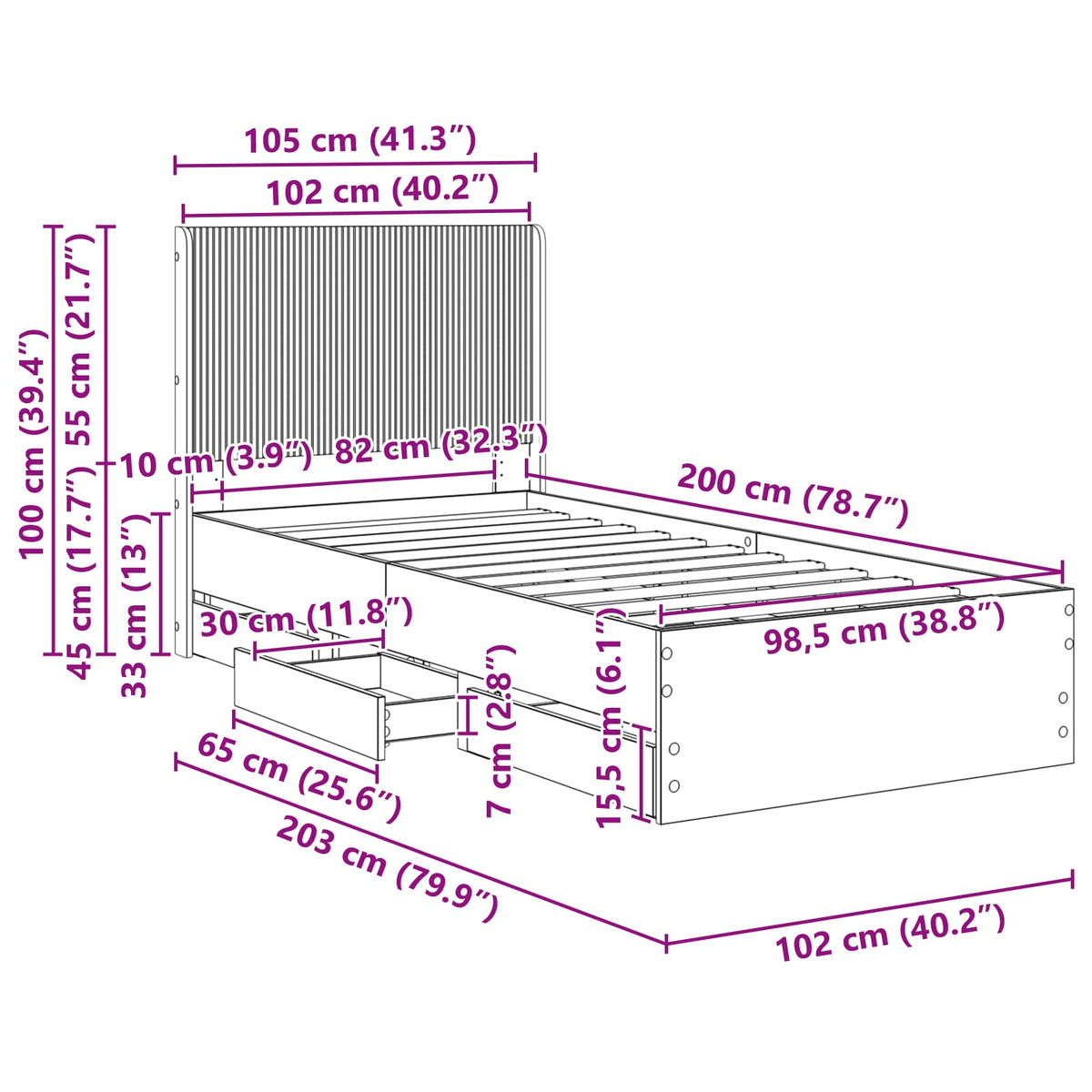 Sengestel med opbevaring og hovedgærde Hvid 100 x 200 cm