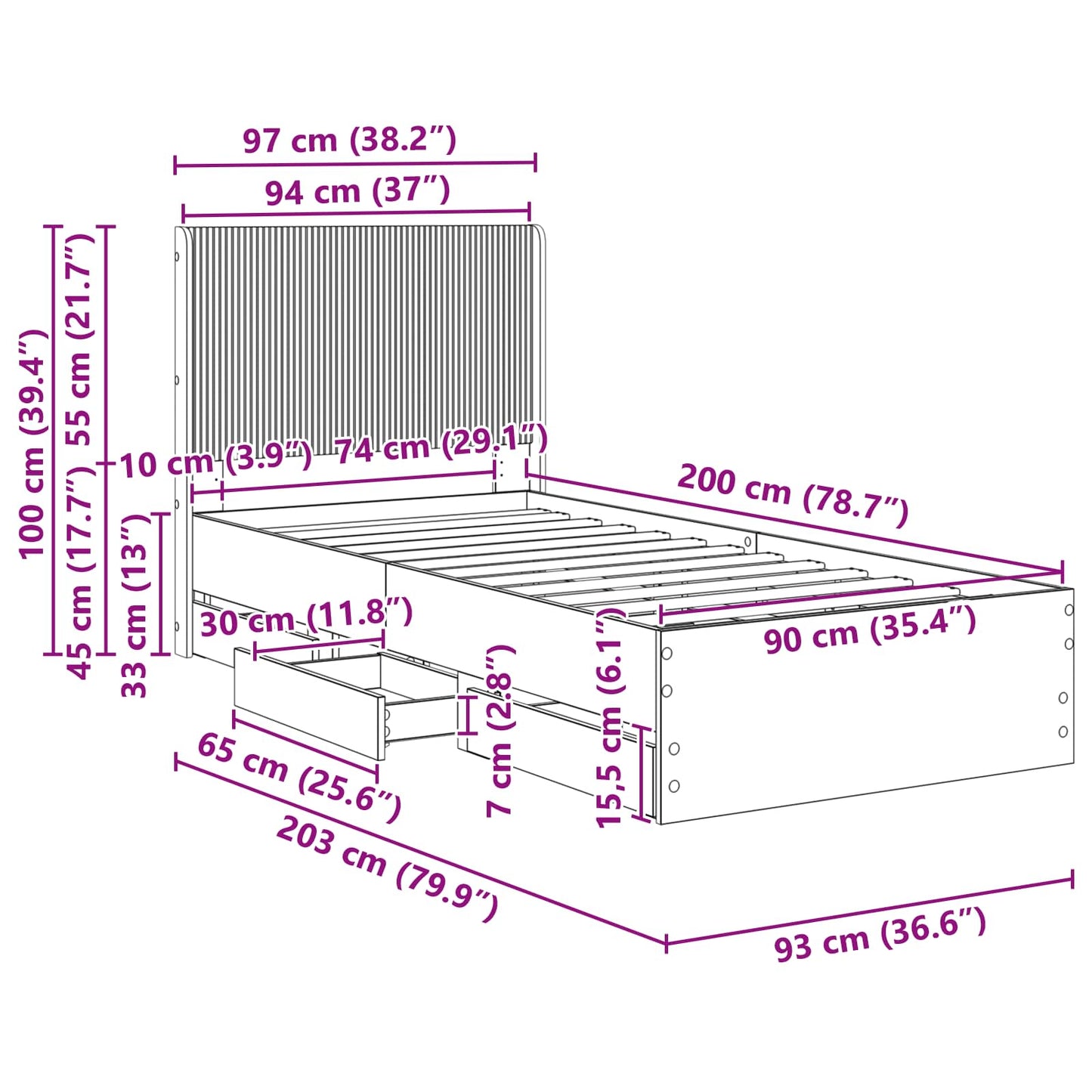 Sengestel med opbevaring og hovedgærde Sort 90 x 200 cm
