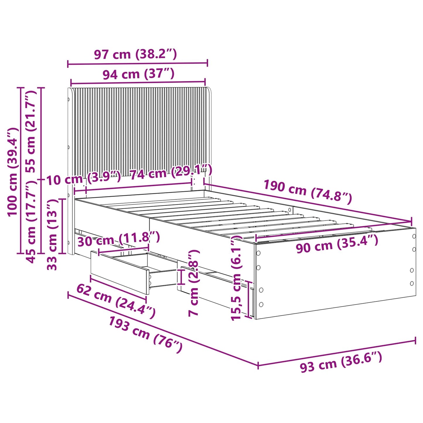 Sengestel med opbevaring og hovedgærde Sort 90 x 190 cm
