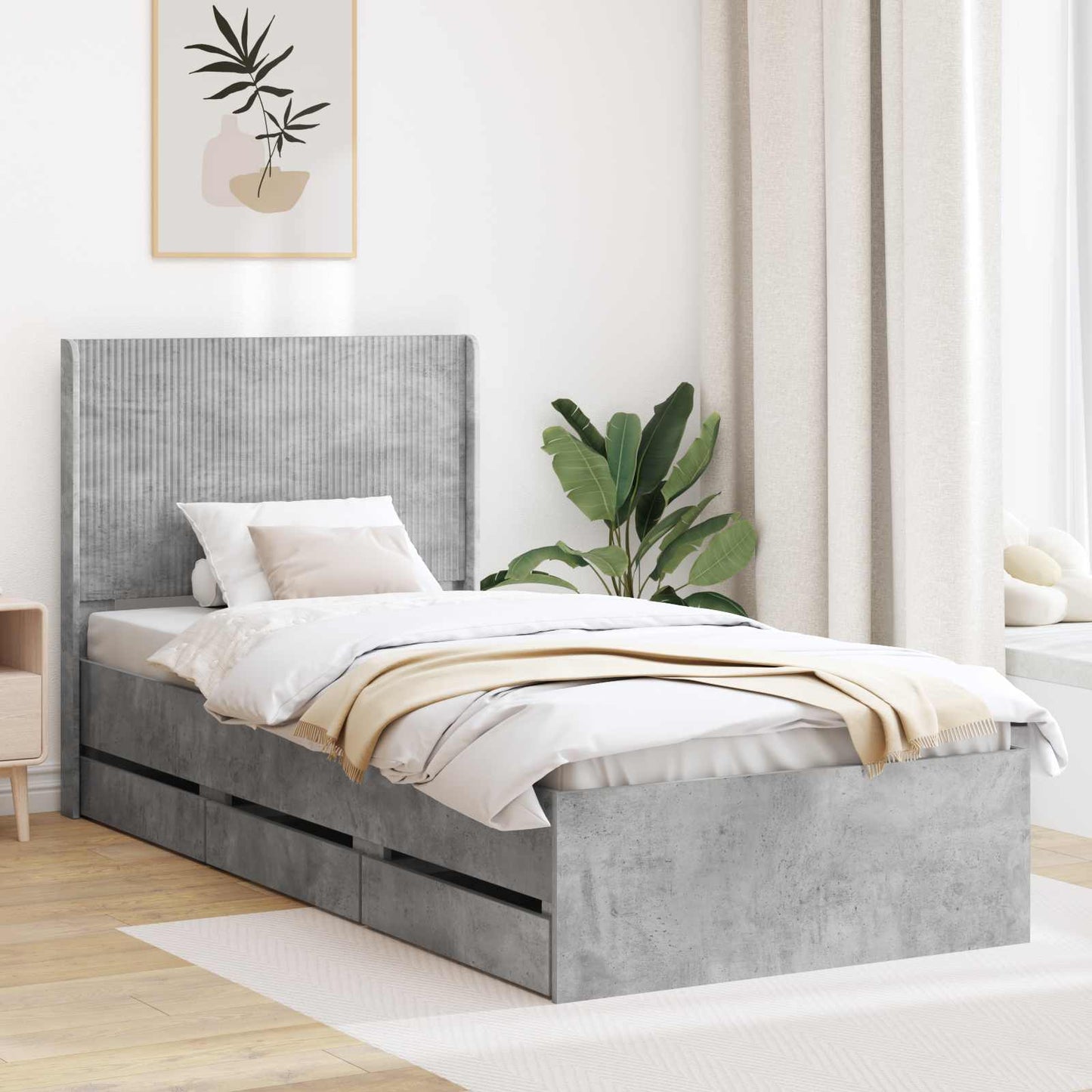 Sengestel med opbevaring og hovedgærde Betongrå 90 x 190 cm