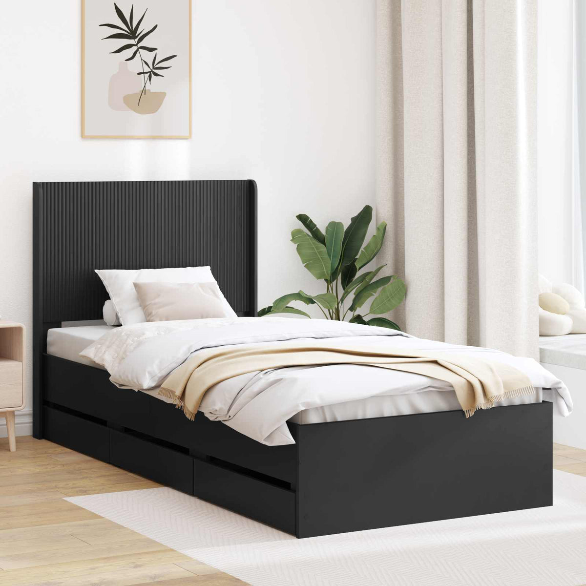 Sengestel med opbevaring og hovedgærde Sort 75 x 190 cm
