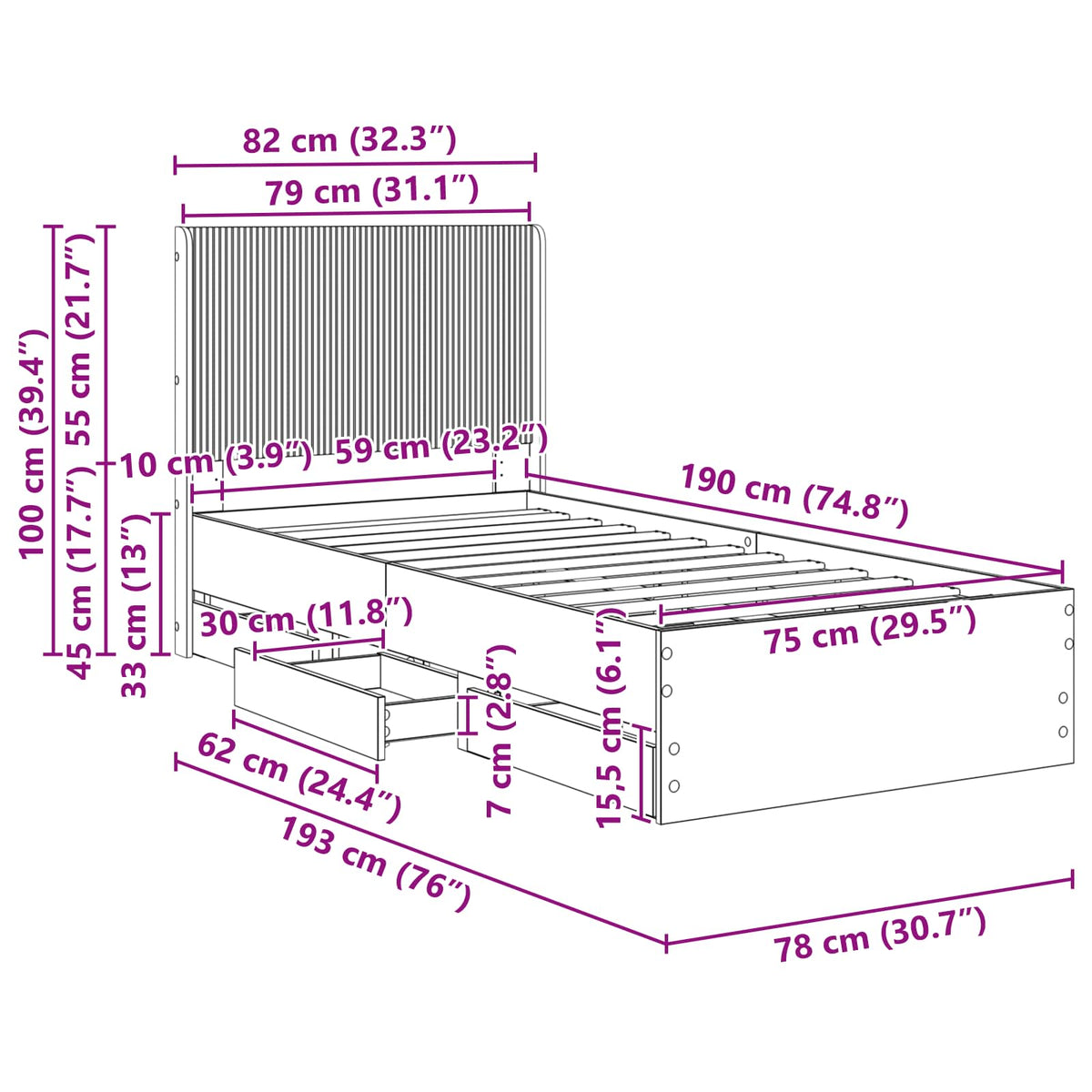 Sengestel med opbevaring og hovedgærde Sort 75 x 190 cm
