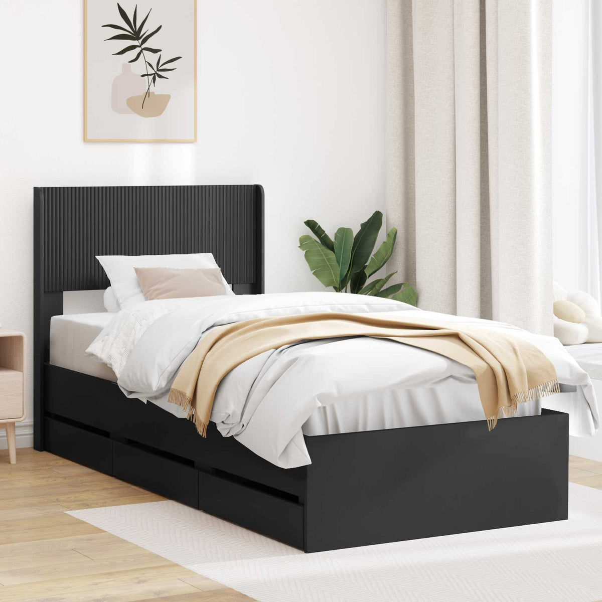 Sengestel med opbevaring og hovedgærde Sort 90 x 190 cm