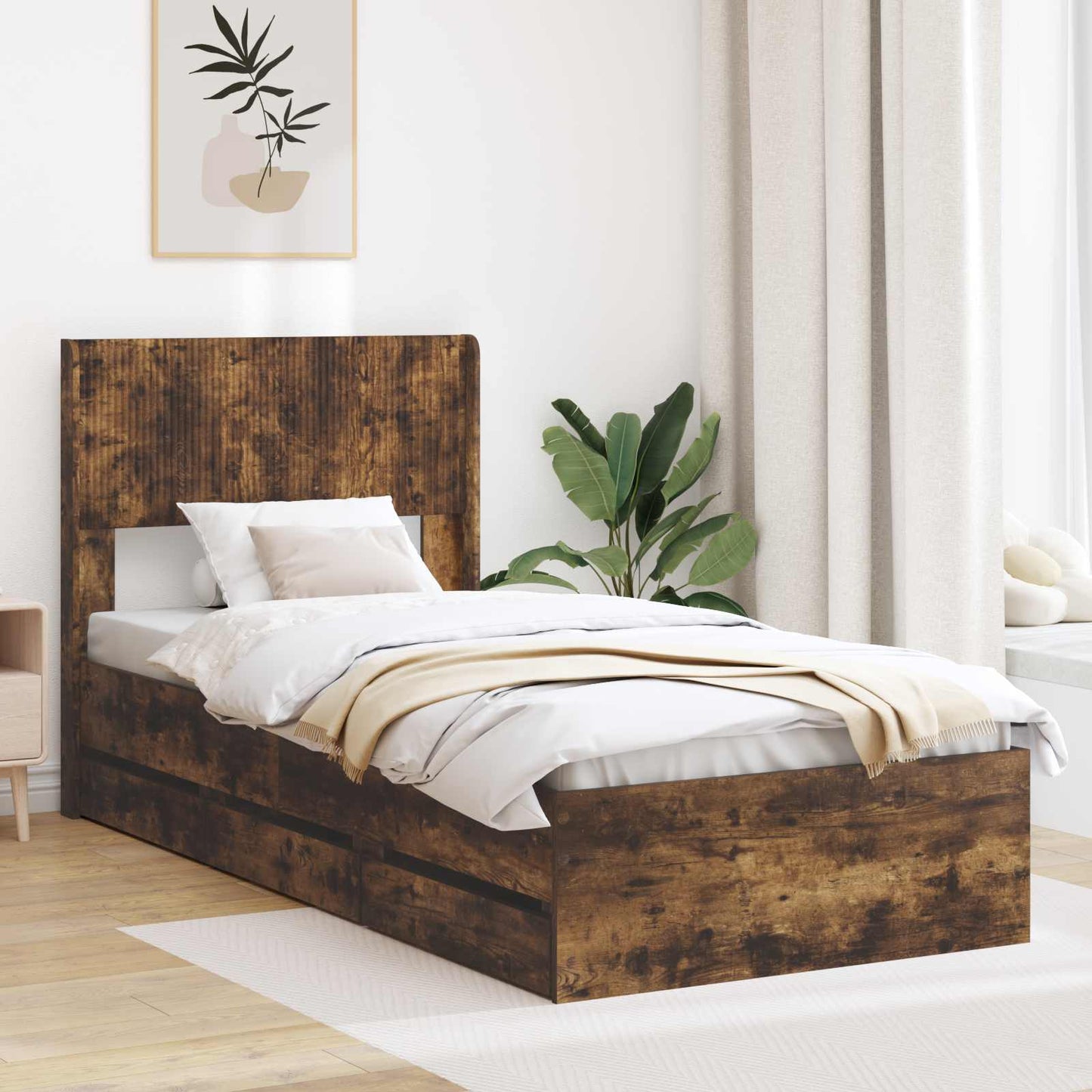 Sengestel med opbevaring og hovedgærde Røget eg 90 x 190 cm