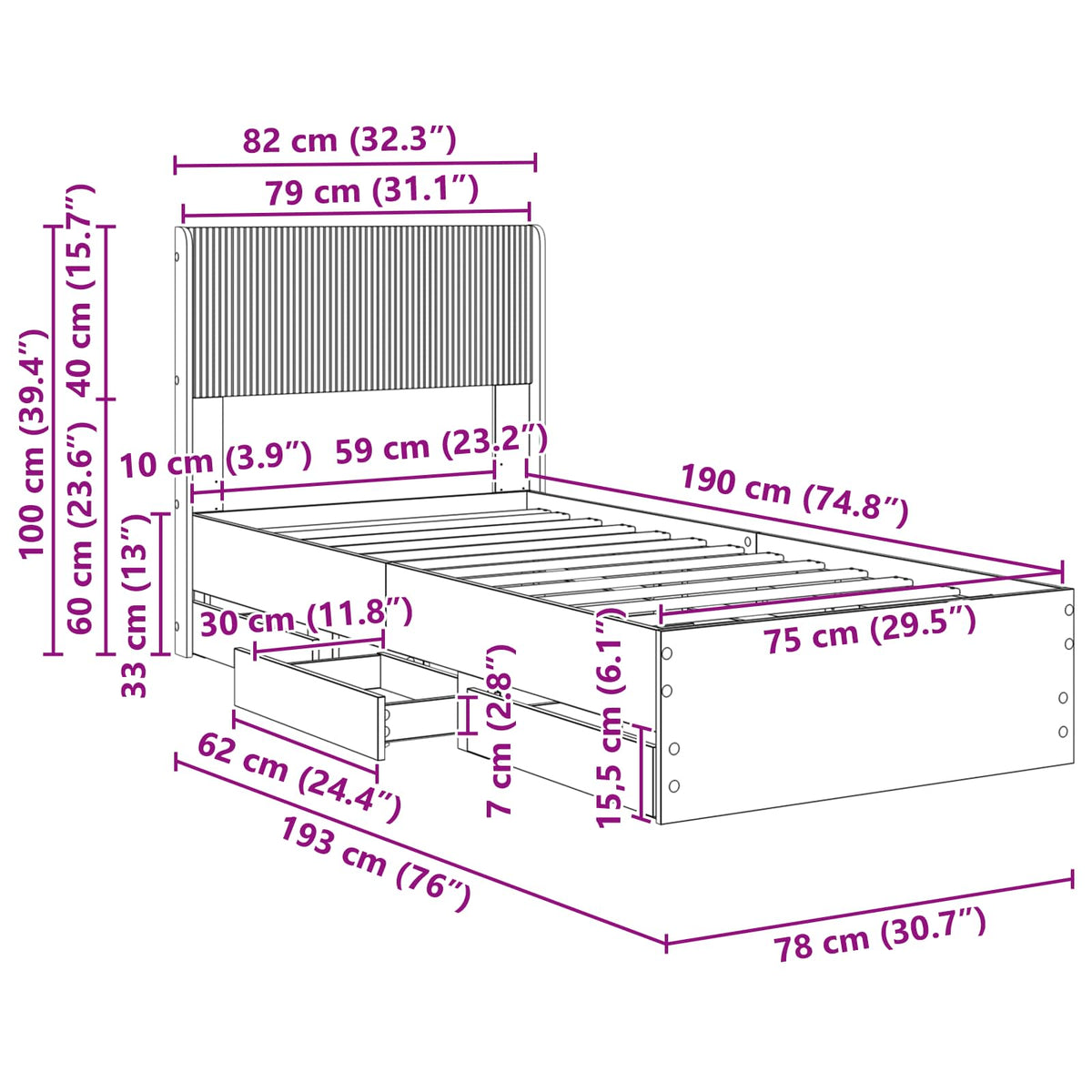 Sengestel med opbevaring og hovedgærde Hvid 75 x 190 cm