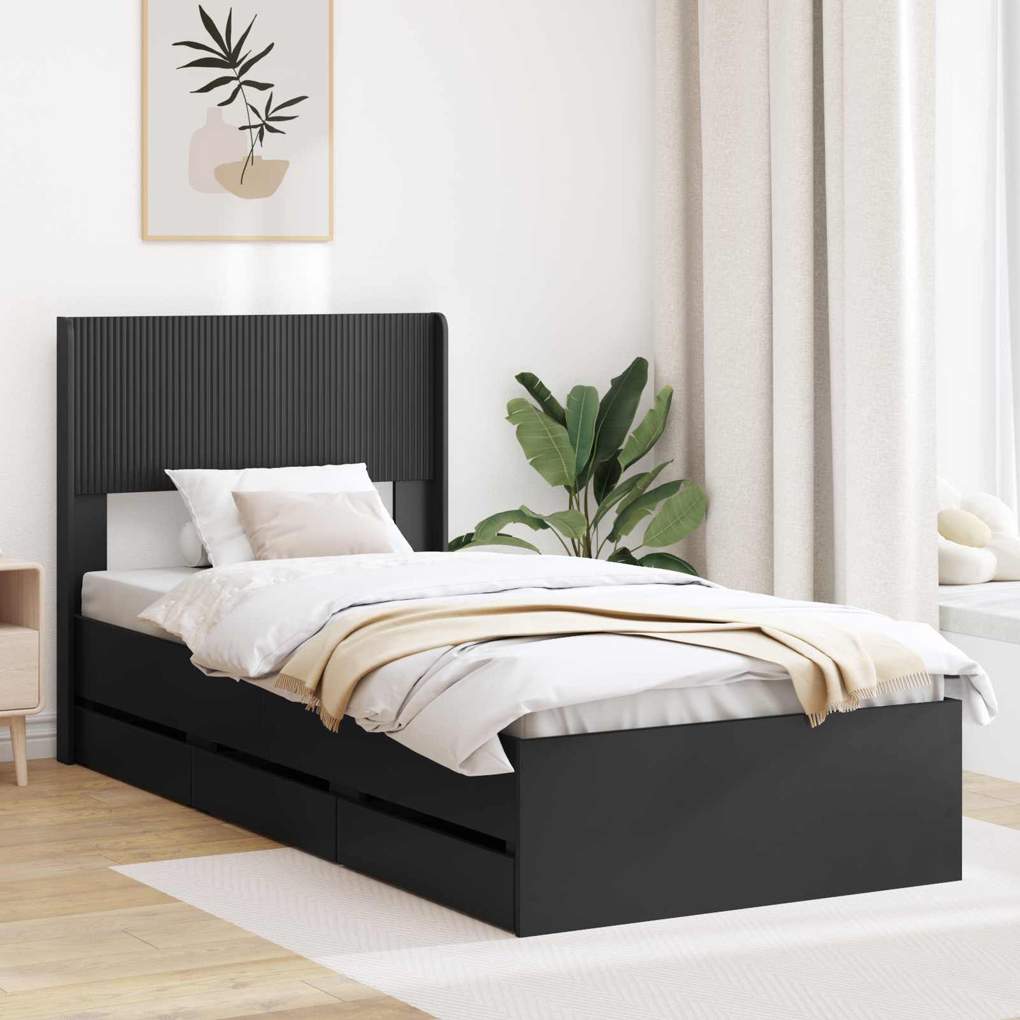 Sengestel med opbevaring og hovedgærde Sort 75 x 190 cm