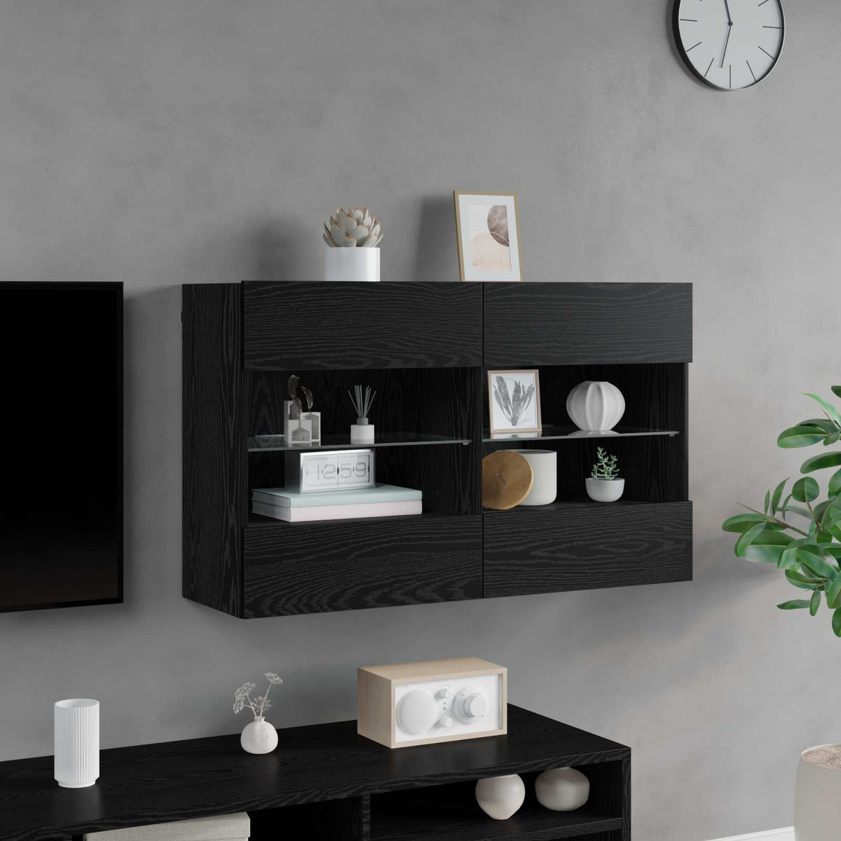 TV vægskab 98,5 x 30 x 60,5 cm Sort eg Konstrueret træ