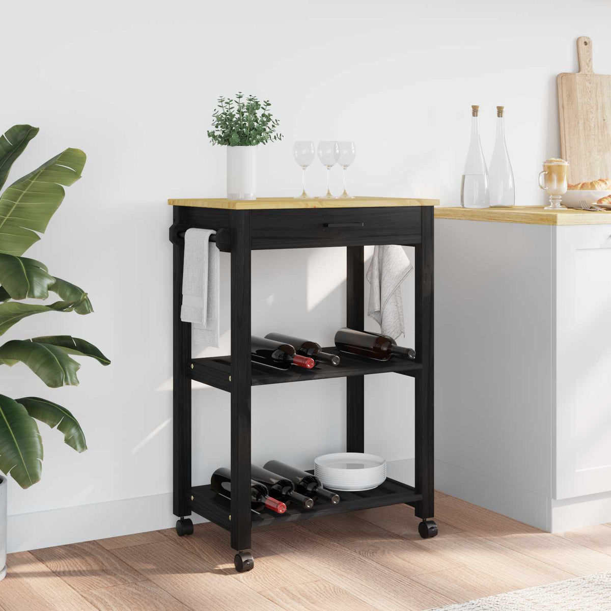 Køkkenvogn MONZA Sort 60 x 40 x 88,5 cm Massivt fyrretræ