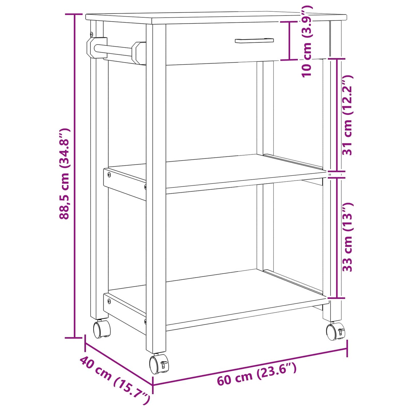 Køkkenvogn MONZA Sort 60 x 40 x 88,5 cm Massivt fyrretræ