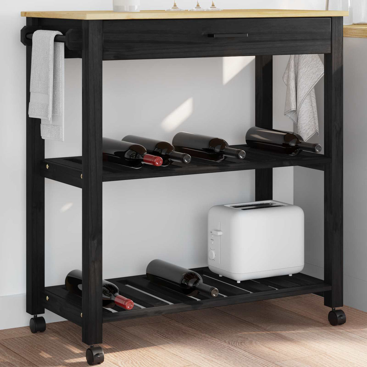 Køkkenvogn MONZA Sort 84 x 40 x 88,5 cm Massivt fyrretræ