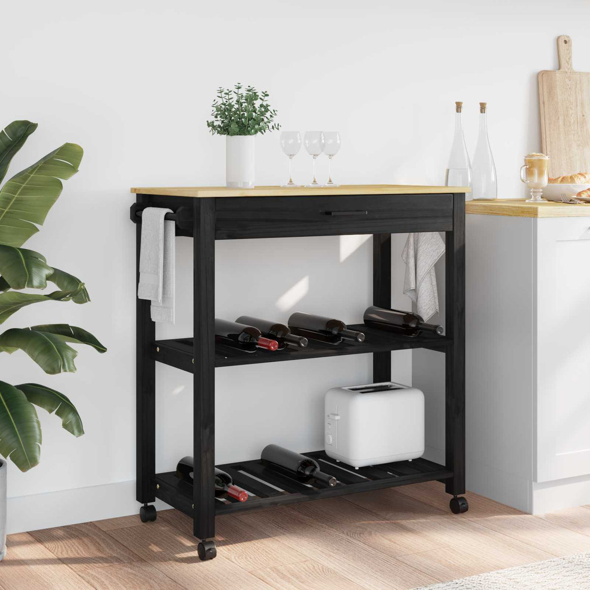 Køkkenvogn MONZA Sort 84 x 40 x 88,5 cm Massivt fyrretræ