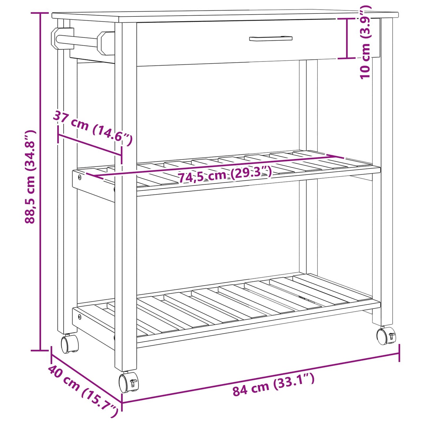 Køkkenvogn MONZA Sort 84 x 40 x 88,5 cm Massivt fyrretræ