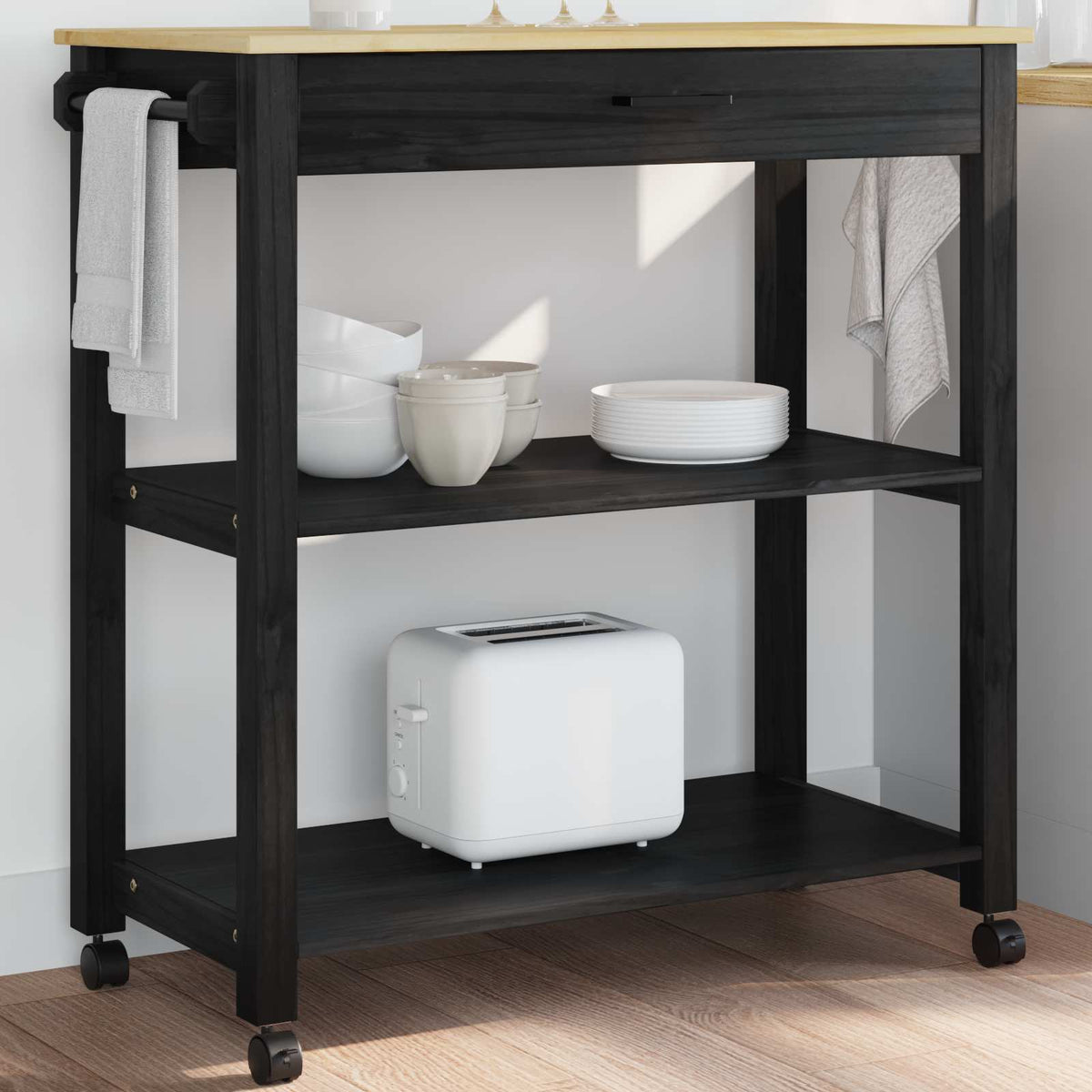 Køkkenvogn MONZA Sort 84 x 40 x 88,5 cm Massivt fyrretræ