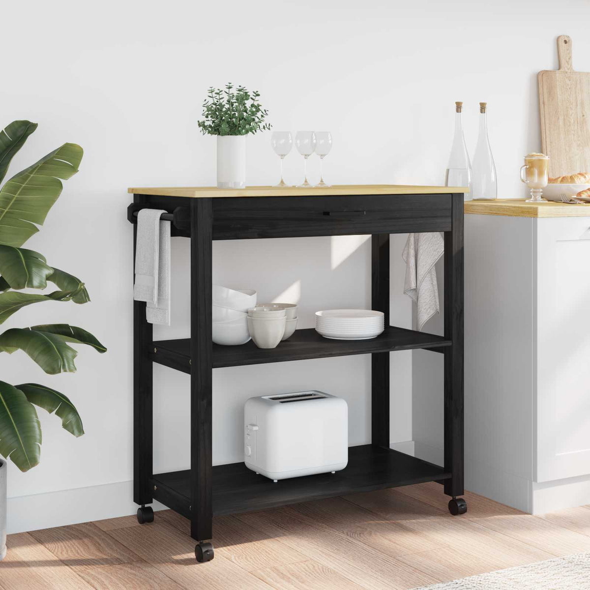 Køkkenvogn MONZA Sort 84 x 40 x 88,5 cm Massivt fyrretræ