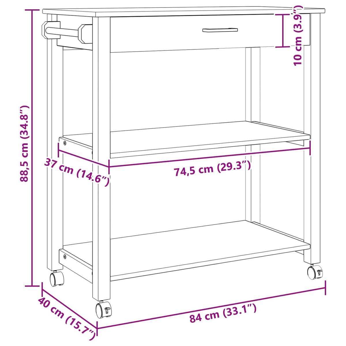 Køkkenvogn MONZA Sort 84 x 40 x 88,5 cm Massivt fyrretræ