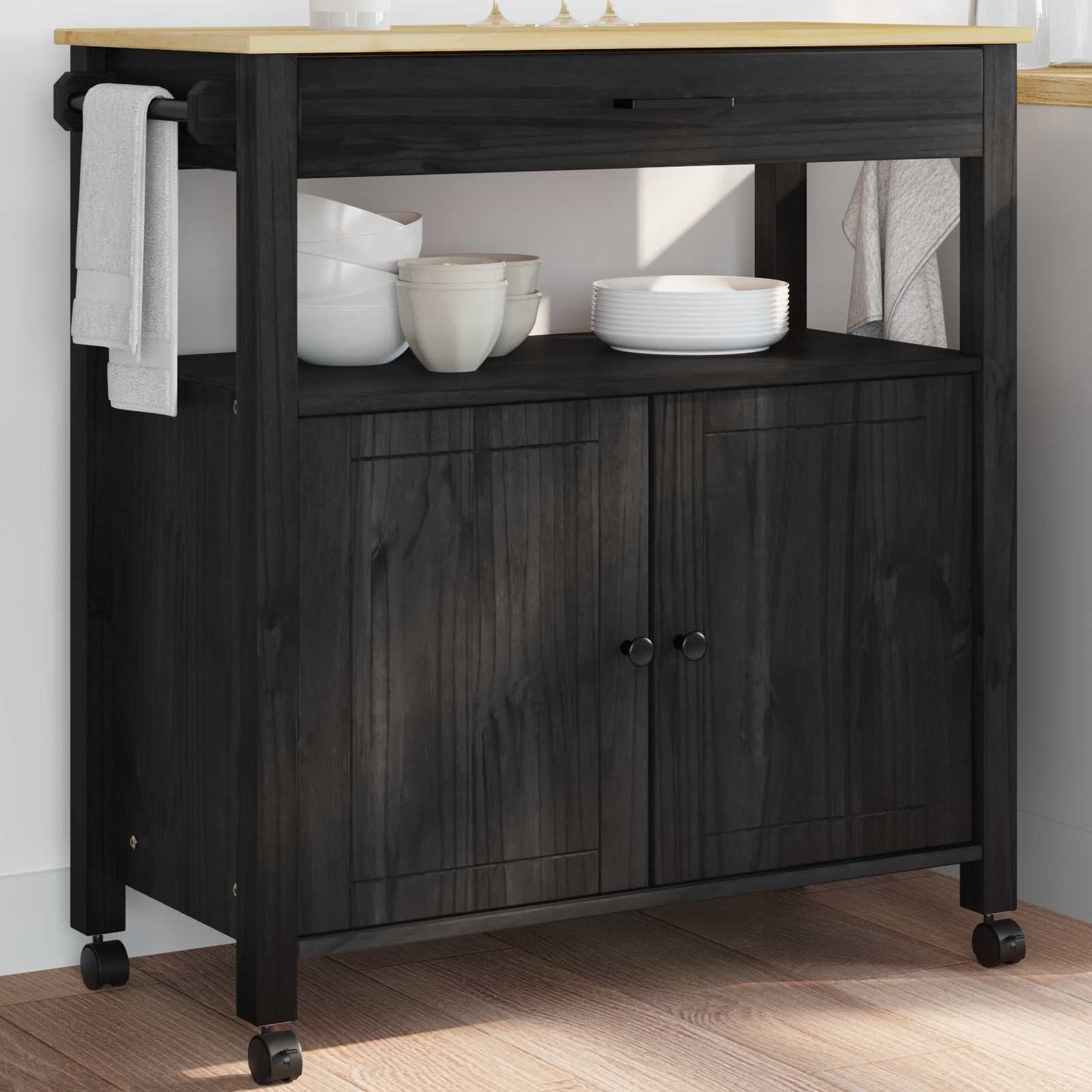 Køkkenvogn MONZA Sort 84 x 40 x 88,5 cm Massivt fyrretræ