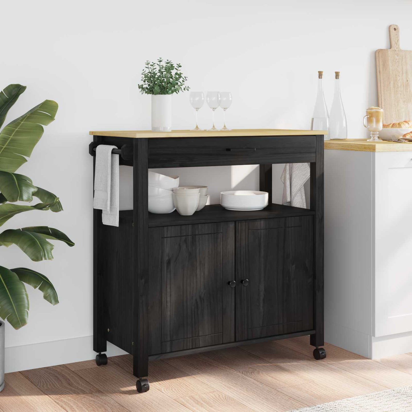 Køkkenvogn MONZA Sort 84 x 40 x 88,5 cm Massivt fyrretræ