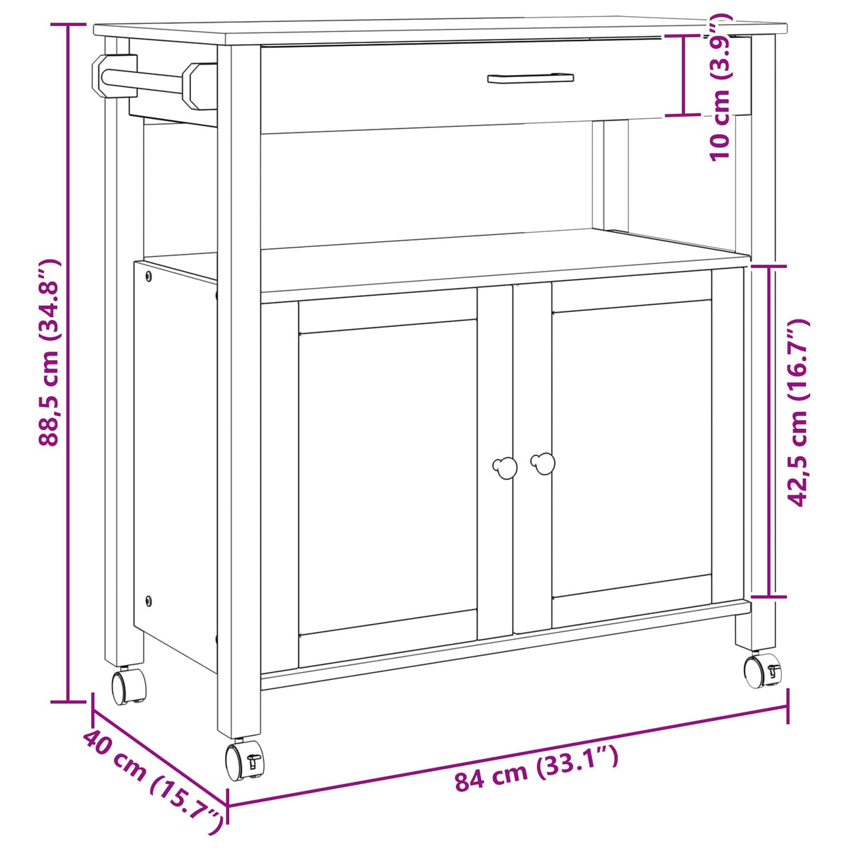 Køkkenvogn MONZA Sort 84 x 40 x 88,5 cm Massivt fyrretræ