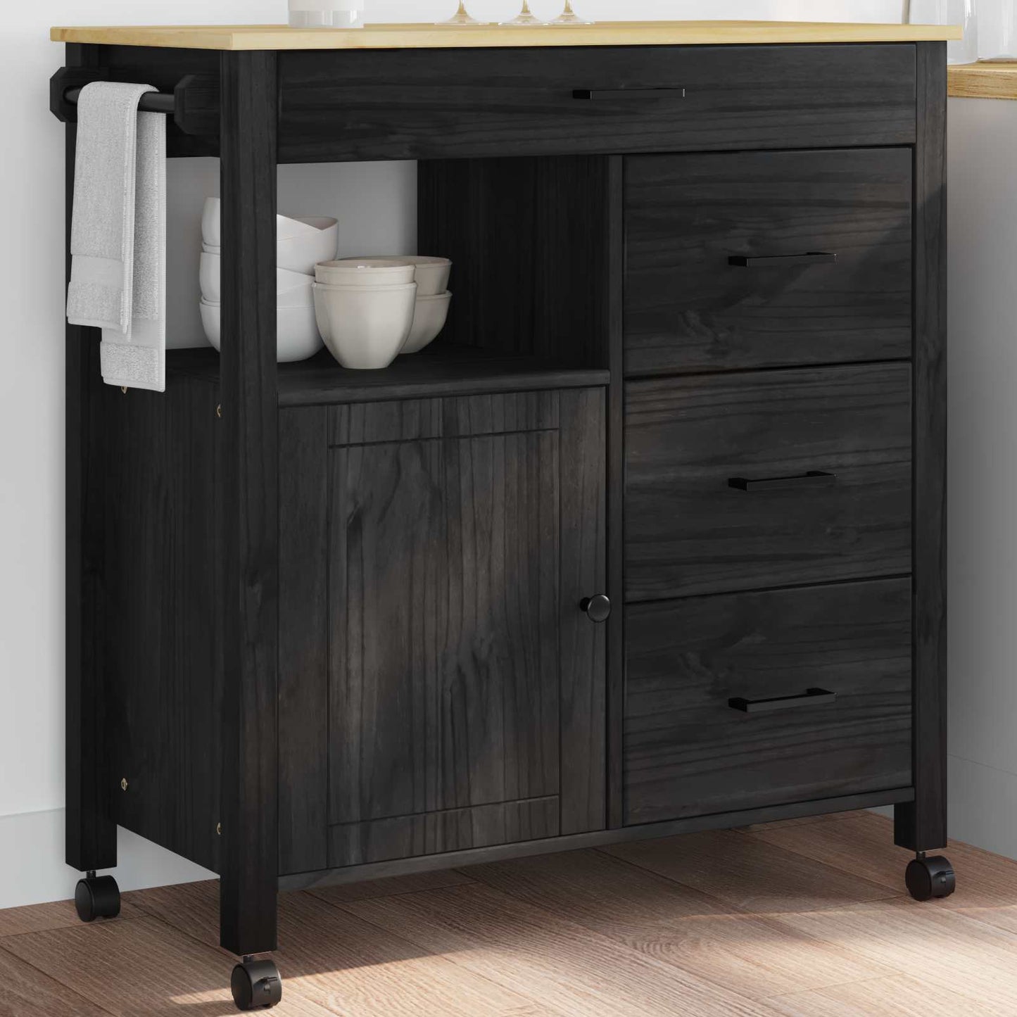 Køkkenvogn MONZA Sort 84 x 40 x 88,5 cm Massivt fyrretræ