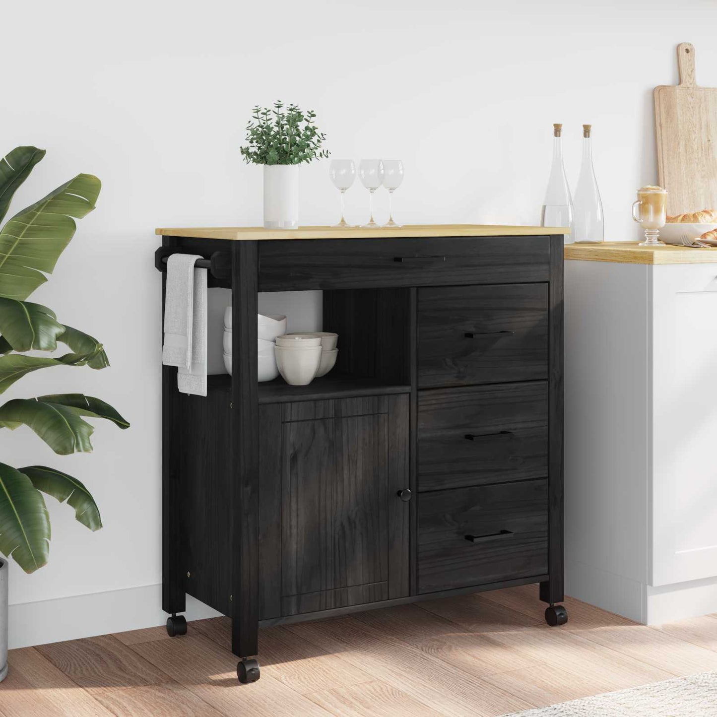 Køkkenvogn MONZA Sort 84 x 40 x 88,5 cm Massivt fyrretræ