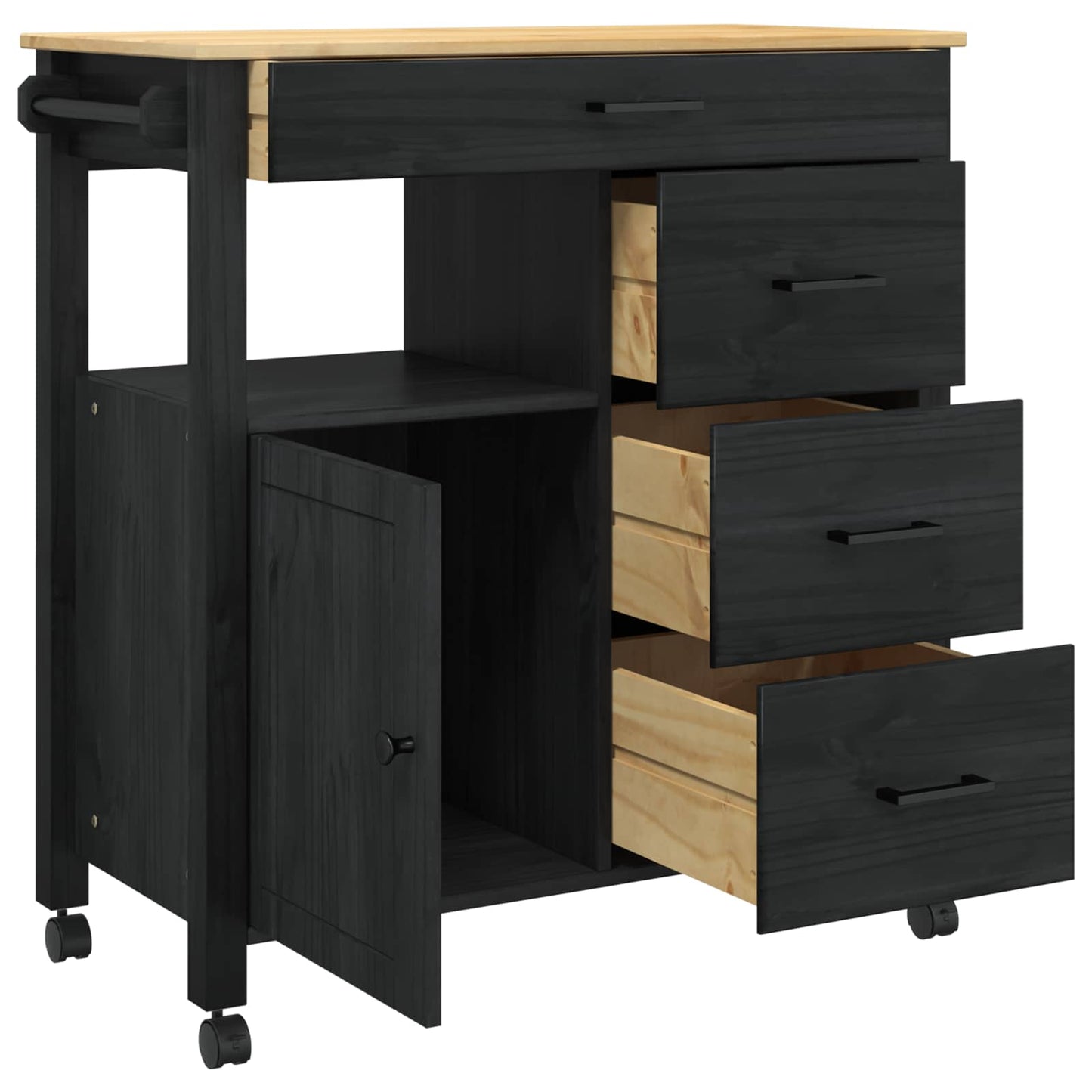 Køkkenvogn MONZA Sort 84 x 40 x 88,5 cm Massivt fyrretræ