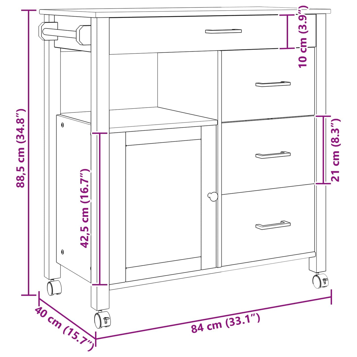 Køkkenvogn MONZA Sort 84 x 40 x 88,5 cm Massivt fyrretræ
