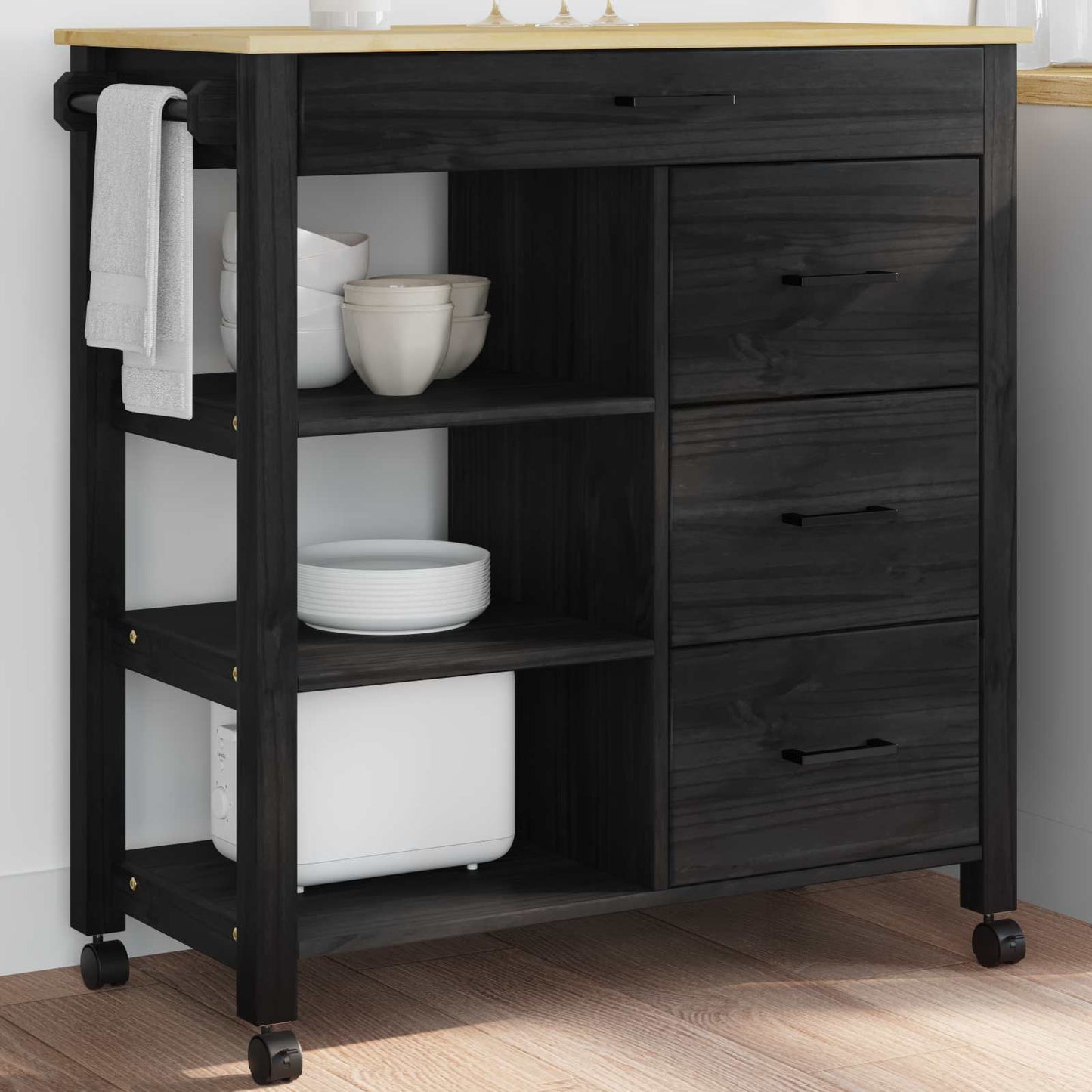 Køkkenvogn MONZA Sort 84 x 40 x 88,5 cm Massivt fyrretræ