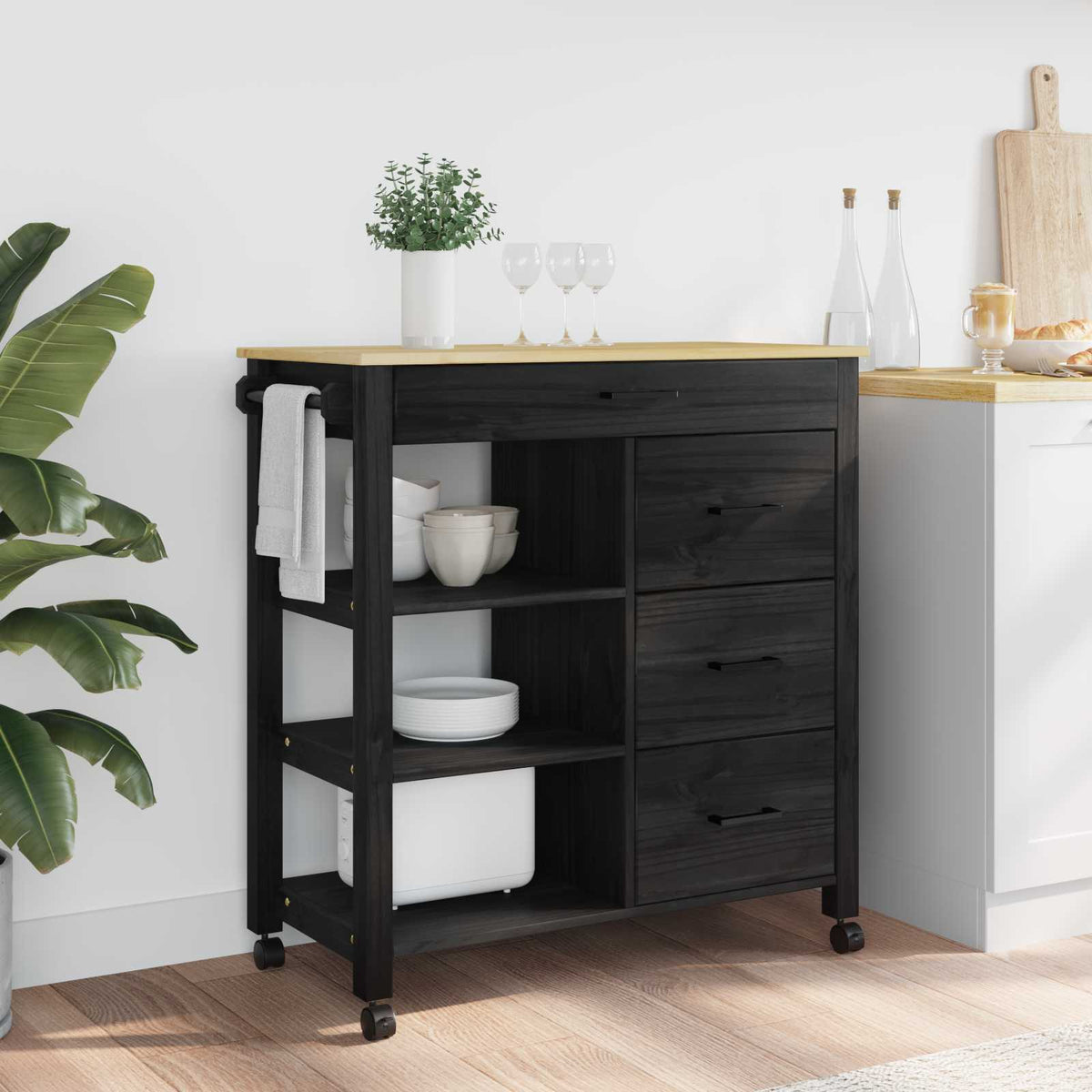 Køkkenvogn MONZA Sort 84 x 40 x 88,5 cm Massivt fyrretræ