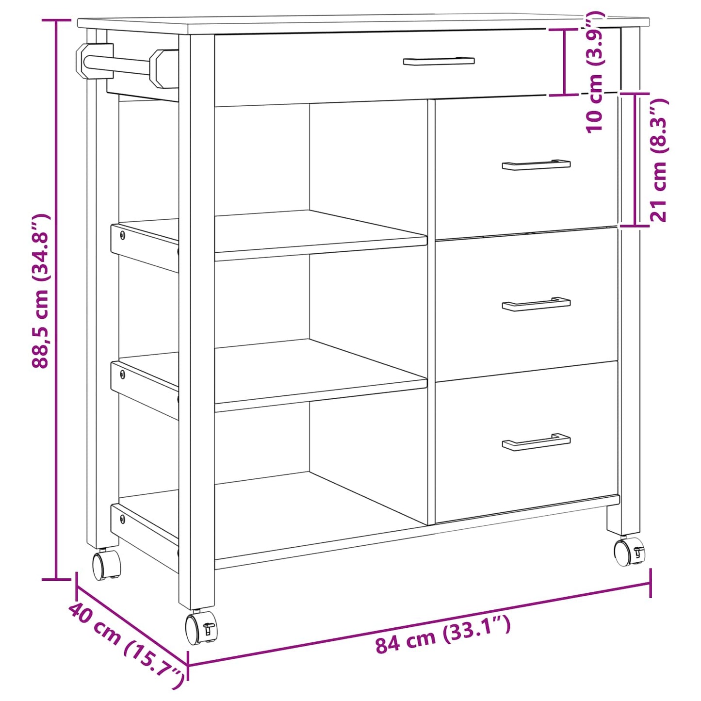Køkkenvogn MONZA Sort 84 x 40 x 88,5 cm Massivt fyrretræ