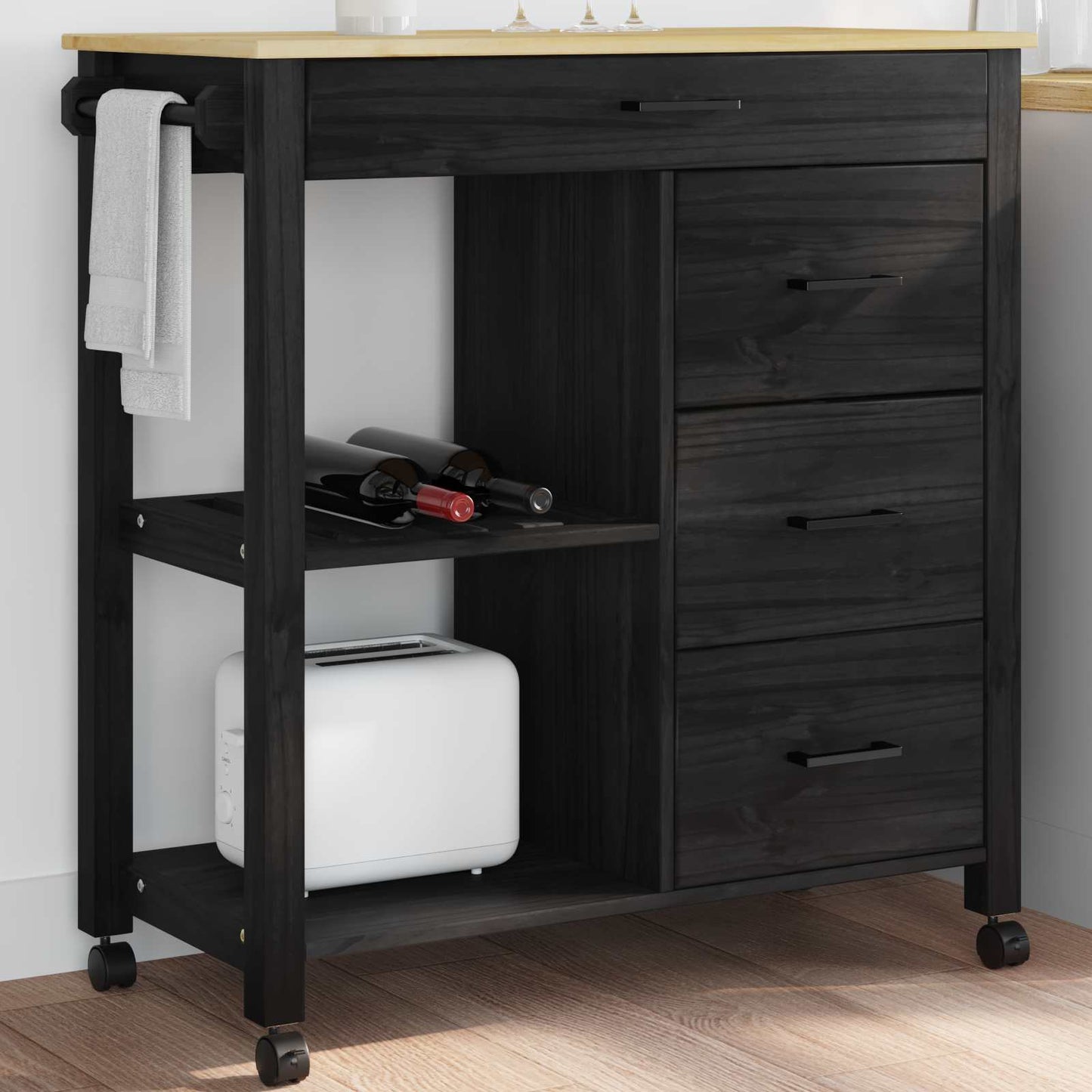 Køkkenvogn MONZA Sort 84 x 40 x 88,5 cm Massivt fyrretræ