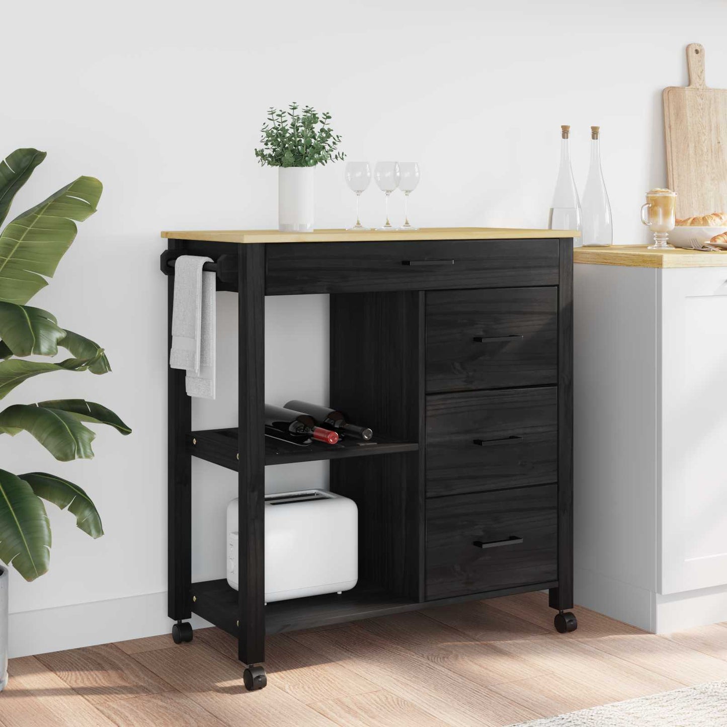 Køkkenvogn MONZA Sort 84 x 40 x 88,5 cm Massivt fyrretræ
