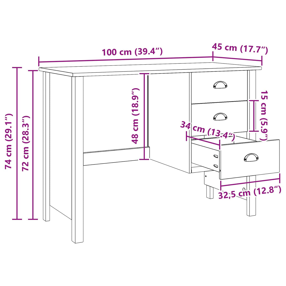 Skrivebord med Skuffer HILL Honningbrun 100 x 45 x 74 cm